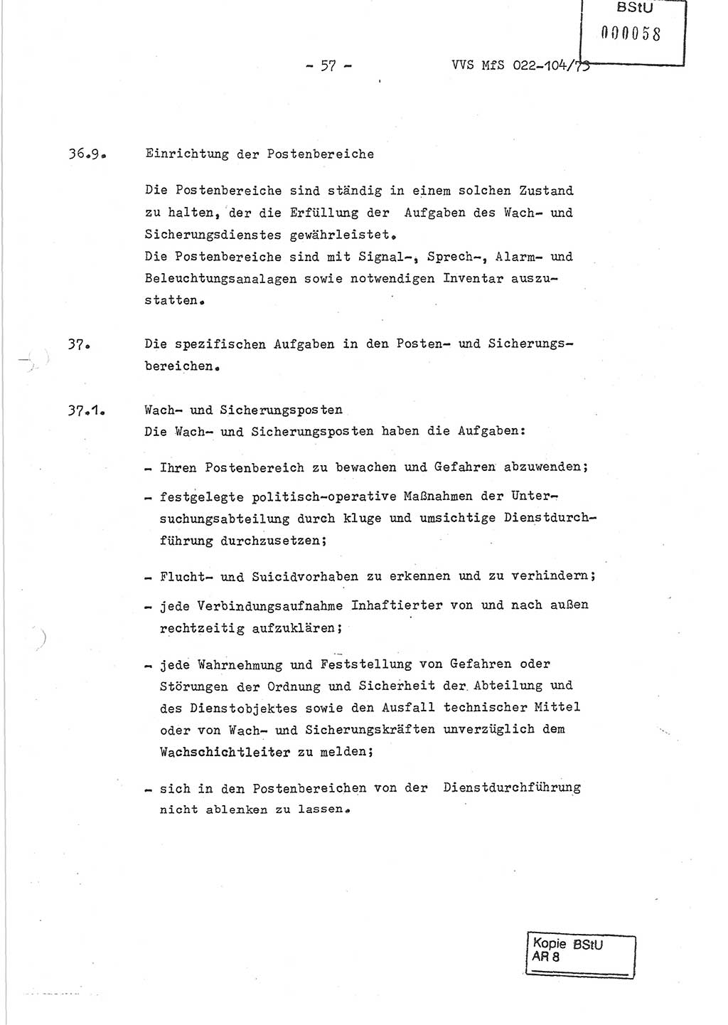 Dienstanweisung zur politisch-operativen Dienstdurchführung der Abteilung XIV des Ministeriums für Staatssicherheit (MfS) [Deutsche Demokratische Republik] und den Abteilungen ⅩⅣ der Bezirksverwaltungen (BV) für Staatssicherheit (BVfS) (DA - politisch-operative Dienstdurchführung der Abteilungen XIV), Ministerrat der Deutschen Demokratischen Republik, Ministerium für Staatssicherheit, Der Minister, Vertrauliche Verschlußsache (VVS) 022-104/73, Berlin, 12.2.1973, Blatt 57 (DA pol.-op. Di.-Durchf. Abt. ⅩⅣ MfS DDR VVS 022-104/73 1973, Bl. 57)