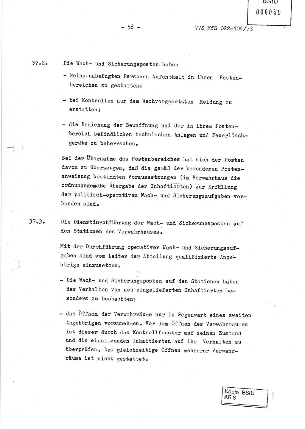 Dienstanweisung zur politisch-operativen Dienstdurchführung der Abteilung XIV des Ministeriums für Staatssicherheit (MfS) [Deutsche Demokratische Republik] und den Abteilungen ⅩⅣ der Bezirksverwaltungen (BV) für Staatssicherheit (BVfS) (DA - politisch-operative Dienstdurchführung der Abteilungen XIV), Ministerrat der Deutschen Demokratischen Republik, Ministerium für Staatssicherheit, Der Minister, Vertrauliche Verschlußsache (VVS) 022-104/73, Berlin, 12.2.1973, Blatt 58 (DA pol.-op. Di.-Durchf. Abt. ⅩⅣ MfS DDR VVS 022-104/73 1973, Bl. 58)