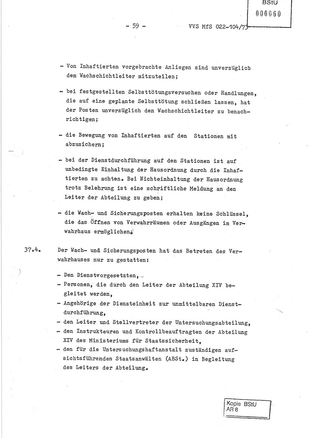 Dienstanweisung zur politisch-operativen Dienstdurchführung der Abteilung XIV des Ministeriums für Staatssicherheit (MfS) [Deutsche Demokratische Republik] und den Abteilungen ⅩⅣ der Bezirksverwaltungen (BV) für Staatssicherheit (BVfS) (DA - politisch-operative Dienstdurchführung der Abteilungen XIV), Ministerrat der Deutschen Demokratischen Republik, Ministerium für Staatssicherheit, Der Minister, Vertrauliche Verschlußsache (VVS) 022-104/73, Berlin, 12.2.1973, Blatt 59 (DA pol.-op. Di.-Durchf. Abt. ⅩⅣ MfS DDR VVS 022-104/73 1973, Bl. 59)