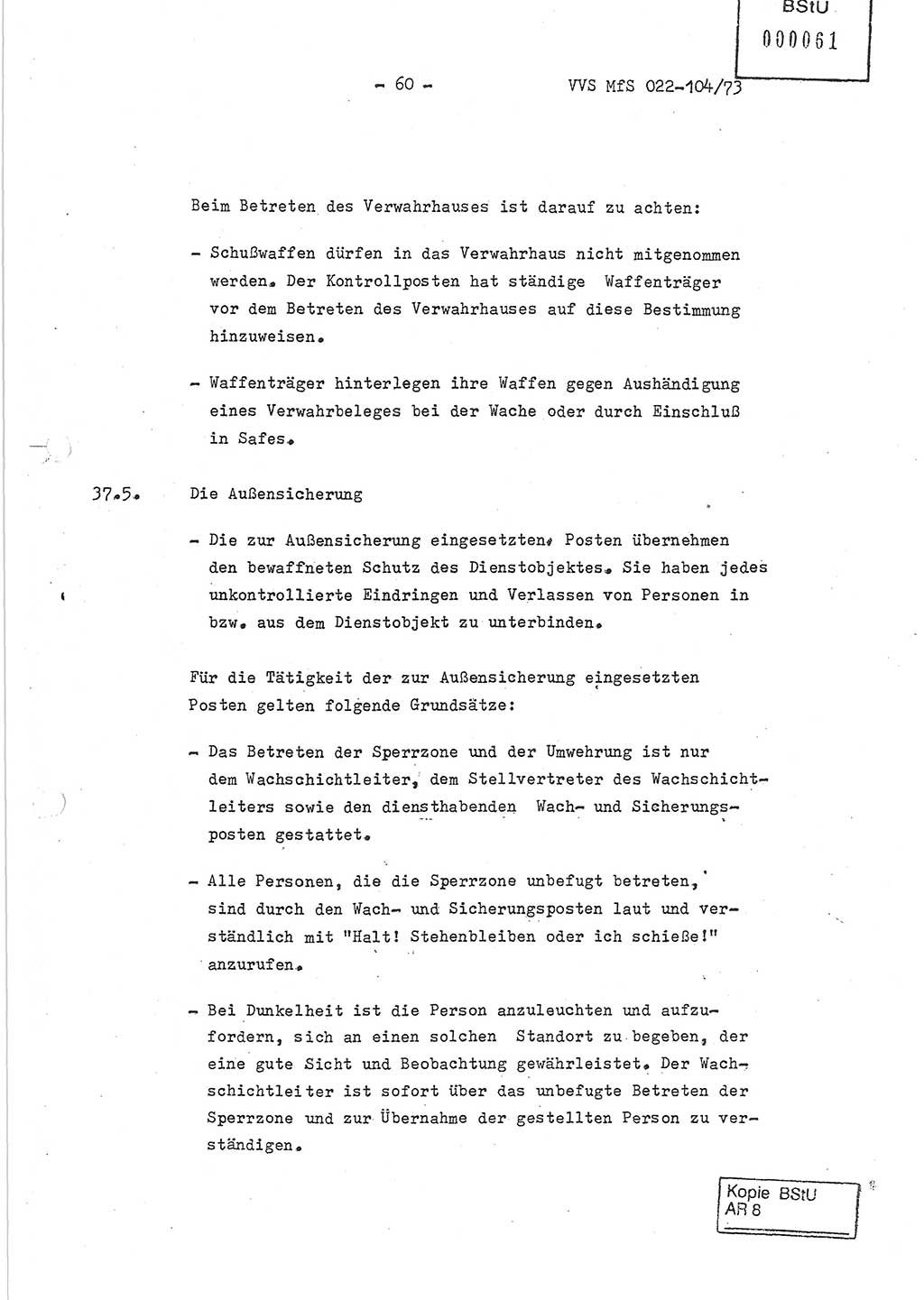 Dienstanweisung zur politisch-operativen Dienstdurchführung der Abteilung XIV des Ministeriums für Staatssicherheit (MfS) [Deutsche Demokratische Republik] und den Abteilungen ⅩⅣ der Bezirksverwaltungen (BV) für Staatssicherheit (BVfS) (DA - politisch-operative Dienstdurchführung der Abteilungen XIV), Ministerrat der Deutschen Demokratischen Republik, Ministerium für Staatssicherheit, Der Minister, Vertrauliche Verschlußsache (VVS) 022-104/73, Berlin, 12.2.1973, Blatt 60 (DA pol.-op. Di.-Durchf. Abt. ⅩⅣ MfS DDR VVS 022-104/73 1973, Bl. 60)