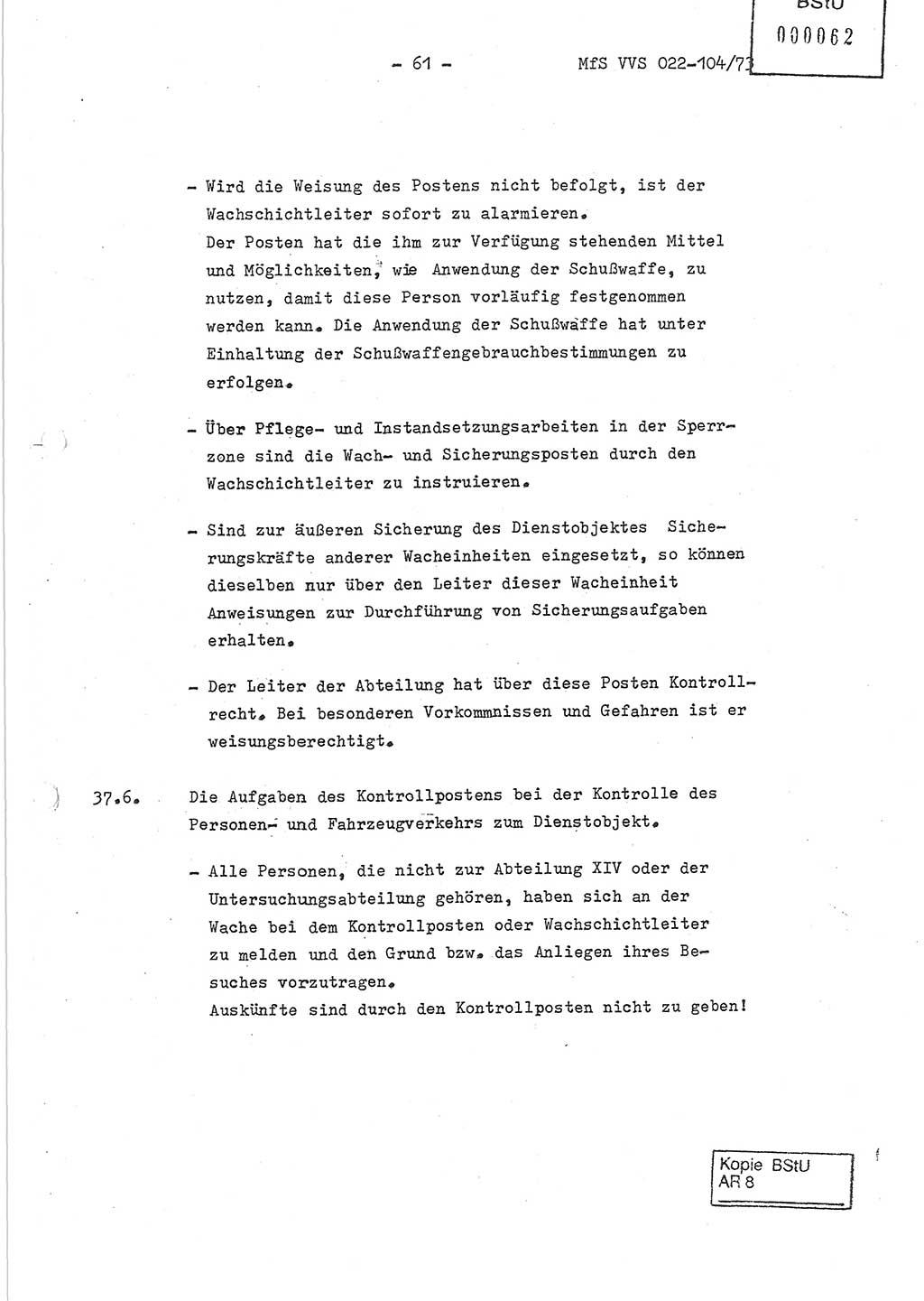 Dienstanweisung zur politisch-operativen Dienstdurchführung der Abteilung XIV des Ministeriums für Staatssicherheit (MfS) [Deutsche Demokratische Republik] und den Abteilungen ⅩⅣ der Bezirksverwaltungen (BV) für Staatssicherheit (BVfS) (DA - politisch-operative Dienstdurchführung der Abteilungen XIV), Ministerrat der Deutschen Demokratischen Republik, Ministerium für Staatssicherheit, Der Minister, Vertrauliche Verschlußsache (VVS) 022-104/73, Berlin, 12.2.1973, Blatt 61 (DA pol.-op. Di.-Durchf. Abt. ⅩⅣ MfS DDR VVS 022-104/73 1973, Bl. 61)