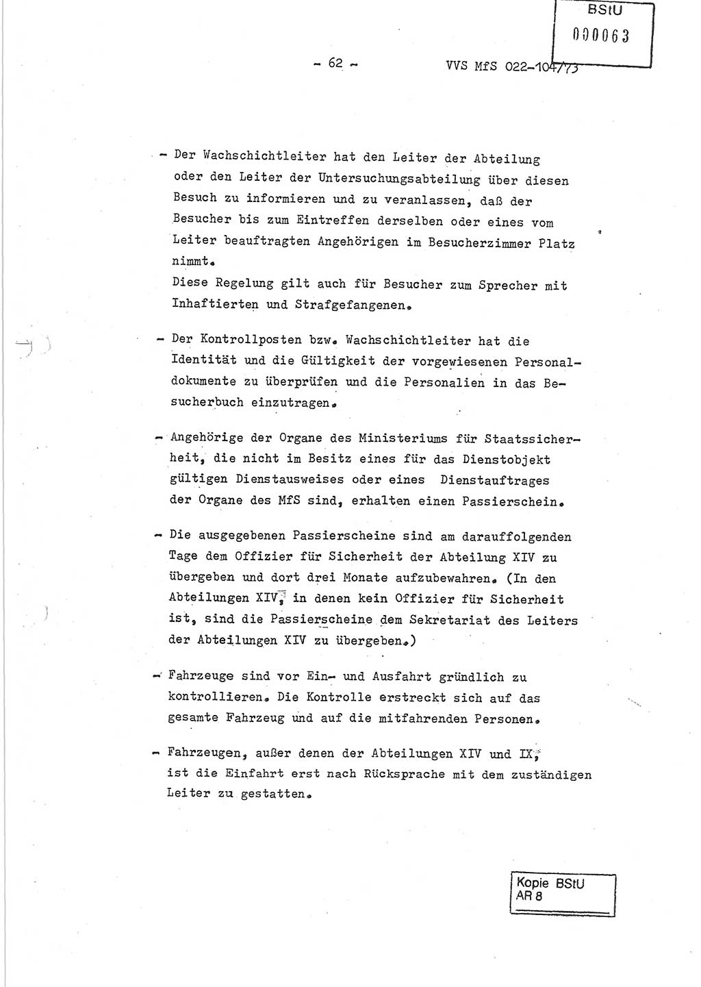 Dienstanweisung zur politisch-operativen Dienstdurchführung der Abteilung XIV des Ministeriums für Staatssicherheit (MfS) [Deutsche Demokratische Republik] und den Abteilungen ⅩⅣ der Bezirksverwaltungen (BV) für Staatssicherheit (BVfS) (DA - politisch-operative Dienstdurchführung der Abteilungen XIV), Ministerrat der Deutschen Demokratischen Republik, Ministerium für Staatssicherheit, Der Minister, Vertrauliche Verschlußsache (VVS) 022-104/73, Berlin, 12.2.1973, Blatt 62 (DA pol.-op. Di.-Durchf. Abt. ⅩⅣ MfS DDR VVS 022-104/73 1973, Bl. 62)