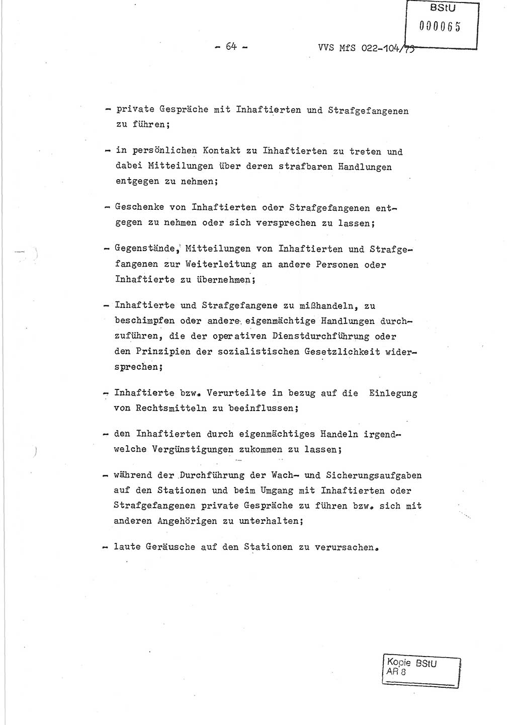 Dienstanweisung zur politisch-operativen Dienstdurchführung der Abteilung XIV des Ministeriums für Staatssicherheit (MfS) [Deutsche Demokratische Republik] und den Abteilungen ⅩⅣ der Bezirksverwaltungen (BV) für Staatssicherheit (BVfS) (DA - politisch-operative Dienstdurchführung der Abteilungen XIV), Ministerrat der Deutschen Demokratischen Republik, Ministerium für Staatssicherheit, Der Minister, Vertrauliche Verschlußsache (VVS) 022-104/73, Berlin, 12.2.1973, Blatt 64 (DA pol.-op. Di.-Durchf. Abt. ⅩⅣ MfS DDR VVS 022-104/73 1973, Bl. 64)