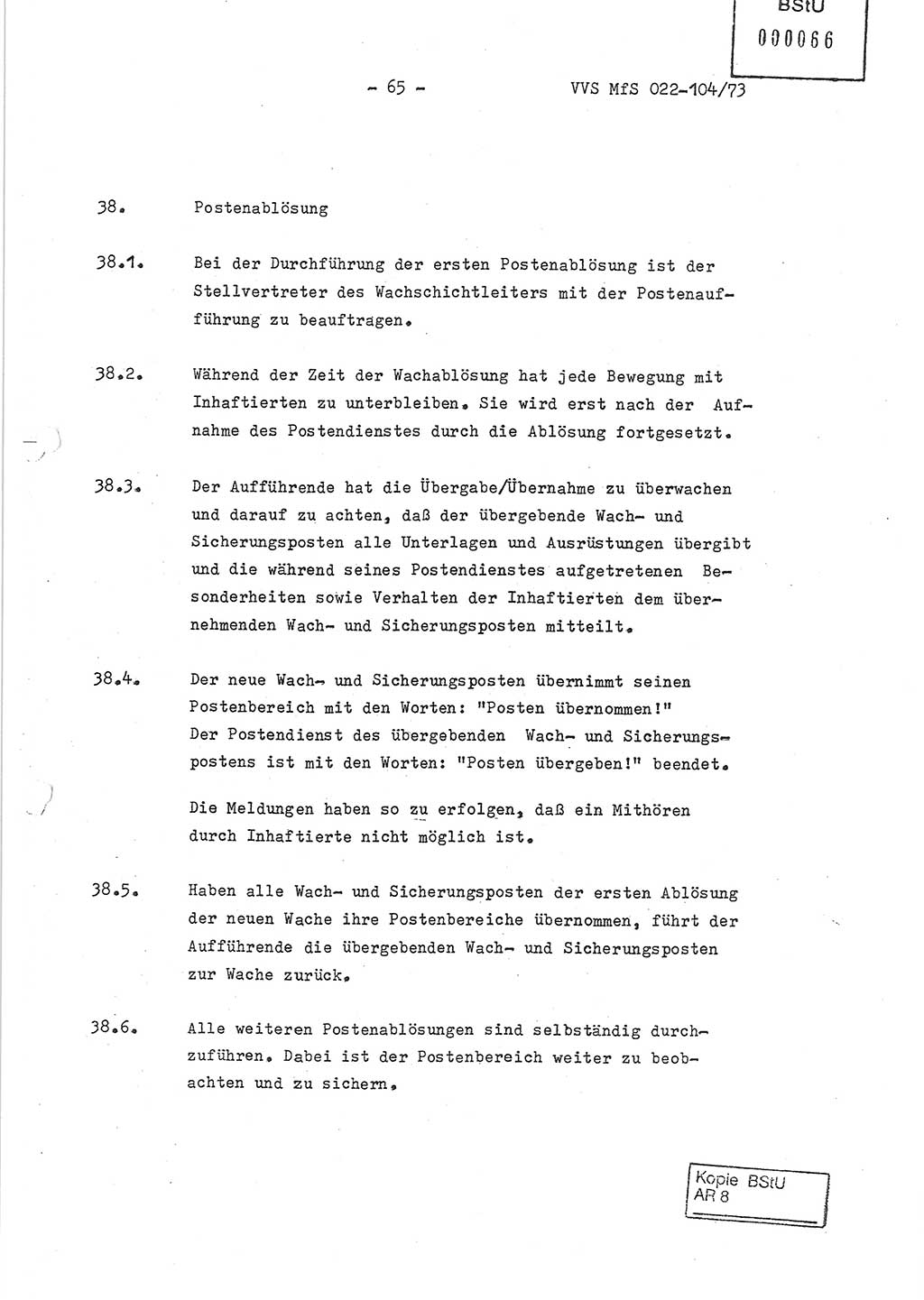 Dienstanweisung zur politisch-operativen Dienstdurchführung der Abteilung XIV des Ministeriums für Staatssicherheit (MfS) [Deutsche Demokratische Republik] und den Abteilungen ⅩⅣ der Bezirksverwaltungen (BV) für Staatssicherheit (BVfS) (DA - politisch-operative Dienstdurchführung der Abteilungen XIV), Ministerrat der Deutschen Demokratischen Republik, Ministerium für Staatssicherheit, Der Minister, Vertrauliche Verschlußsache (VVS) 022-104/73, Berlin, 12.2.1973, Blatt 65 (DA pol.-op. Di.-Durchf. Abt. ⅩⅣ MfS DDR VVS 022-104/73 1973, Bl. 65)