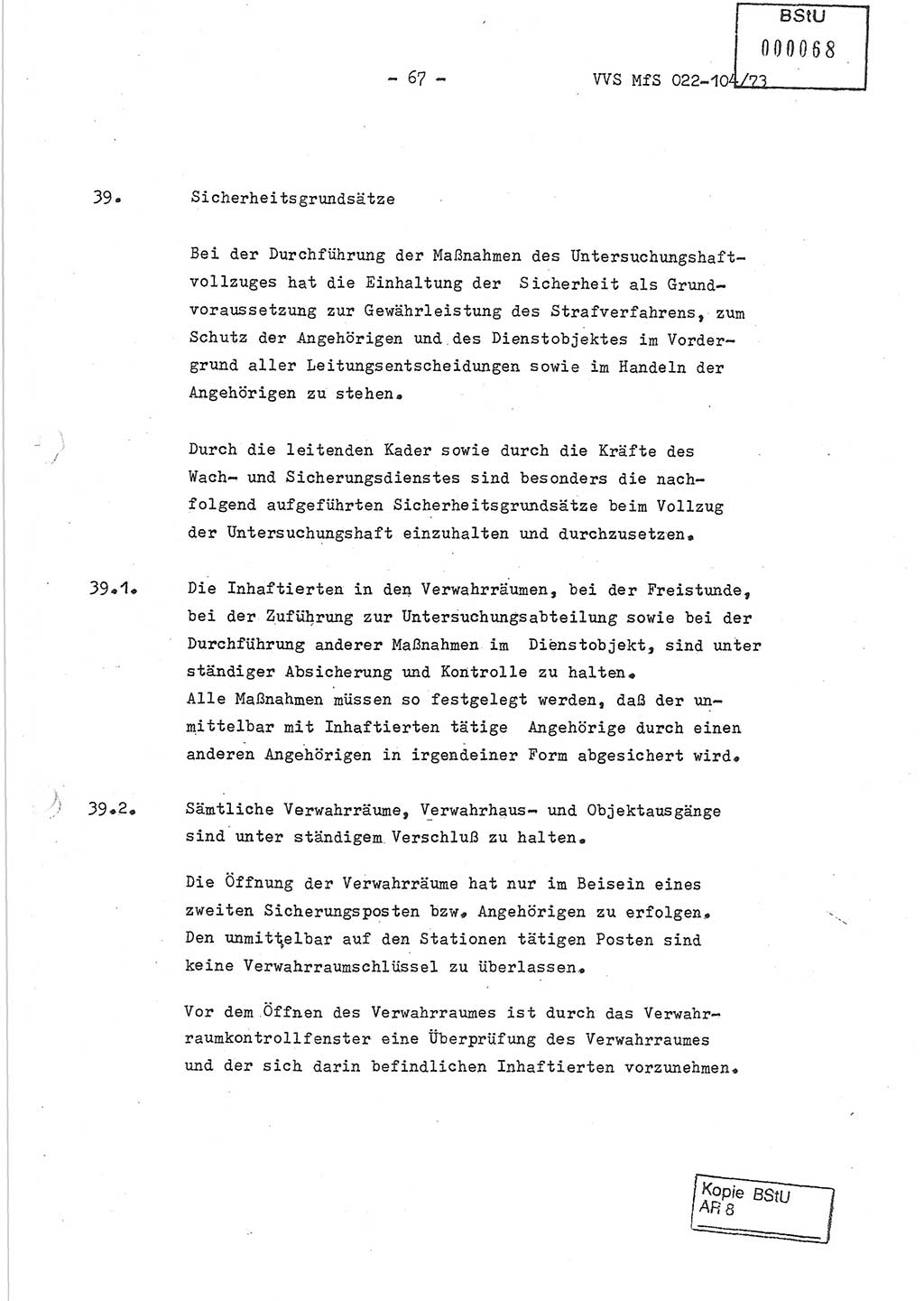 Dienstanweisung zur politisch-operativen Dienstdurchführung der Abteilung XIV des Ministeriums für Staatssicherheit (MfS) [Deutsche Demokratische Republik] und den Abteilungen ⅩⅣ der Bezirksverwaltungen (BV) für Staatssicherheit (BVfS) (DA - politisch-operative Dienstdurchführung der Abteilungen XIV), Ministerrat der Deutschen Demokratischen Republik, Ministerium für Staatssicherheit, Der Minister, Vertrauliche Verschlußsache (VVS) 022-104/73, Berlin, 12.2.1973, Blatt 67 (DA pol.-op. Di.-Durchf. Abt. ⅩⅣ MfS DDR VVS 022-104/73 1973, Bl. 67)