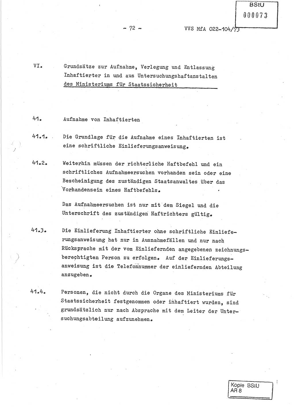 Dienstanweisung zur politisch-operativen Dienstdurchführung der Abteilung XIV des Ministeriums für Staatssicherheit (MfS) [Deutsche Demokratische Republik] und den Abteilungen ⅩⅣ der Bezirksverwaltungen (BV) für Staatssicherheit (BVfS) (DA - politisch-operative Dienstdurchführung der Abteilungen XIV), Ministerrat der Deutschen Demokratischen Republik, Ministerium für Staatssicherheit, Der Minister, Vertrauliche Verschlußsache (VVS) 022-104/73, Berlin, 12.2.1973, Blatt 72 (DA pol.-op. Di.-Durchf. Abt. ⅩⅣ MfS DDR VVS 022-104/73 1973, Bl. 72)