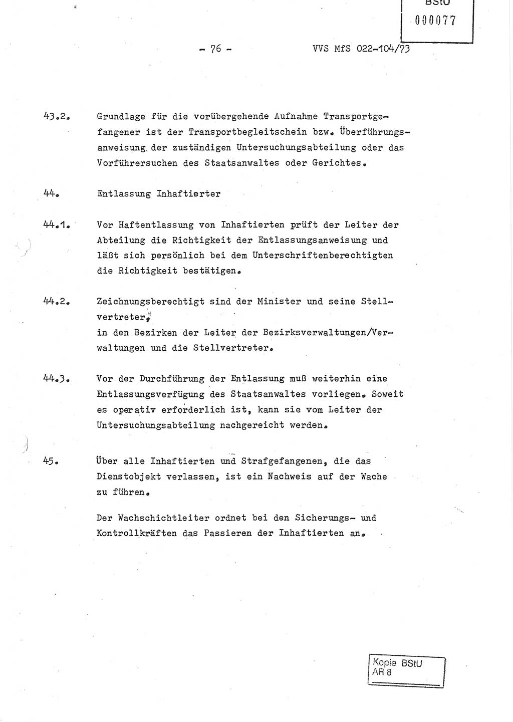 Dienstanweisung zur politisch-operativen Dienstdurchführung der Abteilung XIV des Ministeriums für Staatssicherheit (MfS) [Deutsche Demokratische Republik] und den Abteilungen ⅩⅣ der Bezirksverwaltungen (BV) für Staatssicherheit (BVfS) (DA - politisch-operative Dienstdurchführung der Abteilungen XIV), Ministerrat der Deutschen Demokratischen Republik, Ministerium für Staatssicherheit, Der Minister, Vertrauliche Verschlußsache (VVS) 022-104/73, Berlin, 12.2.1973, Blatt 76 (DA pol.-op. Di.-Durchf. Abt. ⅩⅣ MfS DDR VVS 022-104/73 1973, Bl. 76)