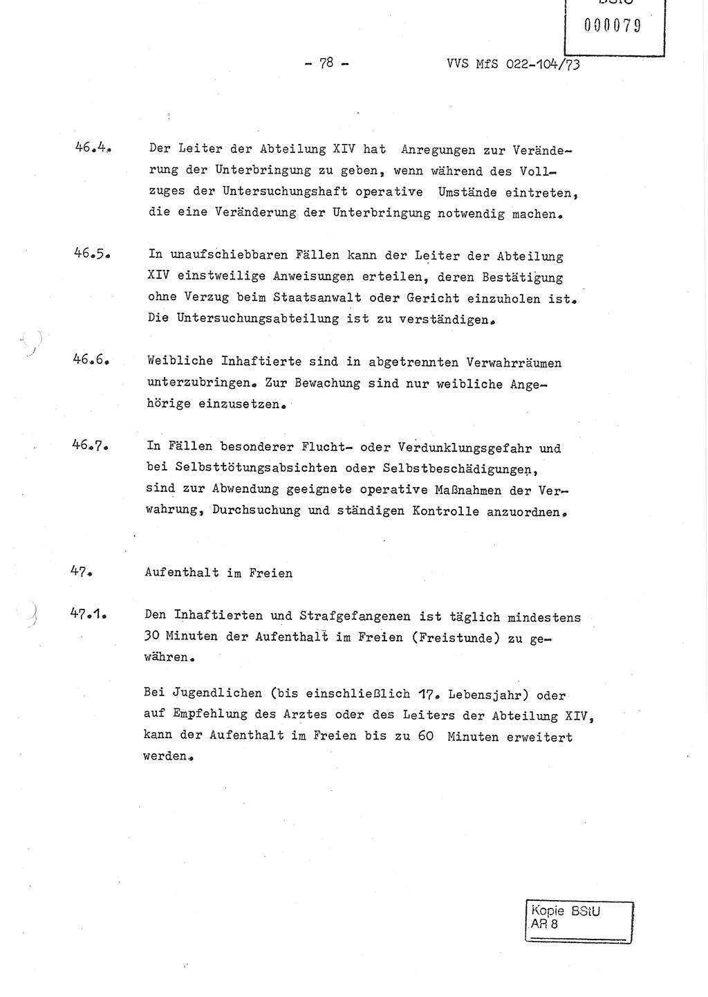 Dienstanweisung zur politisch-operativen Dienstdurchführung der Abteilung XIV des Ministeriums für Staatssicherheit (MfS) [Deutsche Demokratische Republik] und den Abteilungen ⅩⅣ der Bezirksverwaltungen (BV) für Staatssicherheit (BVfS) (DA - politisch-operative Dienstdurchführung der Abteilungen XIV), Ministerrat der Deutschen Demokratischen Republik, Ministerium für Staatssicherheit, Der Minister, Vertrauliche Verschlußsache (VVS) 022-104/73, Berlin, 12.2.1973, Blatt 78 (DA pol.-op. Di.-Durchf. Abt. ⅩⅣ MfS DDR VVS 022-104/73 1973, Bl. 78)