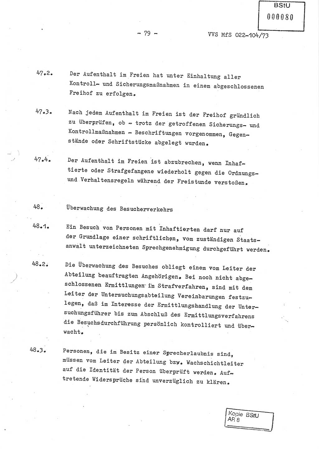 Dienstanweisung zur politisch-operativen Dienstdurchführung der Abteilung XIV des Ministeriums für Staatssicherheit (MfS) [Deutsche Demokratische Republik] und den Abteilungen ⅩⅣ der Bezirksverwaltungen (BV) für Staatssicherheit (BVfS) (DA - politisch-operative Dienstdurchführung der Abteilungen XIV), Ministerrat der Deutschen Demokratischen Republik, Ministerium für Staatssicherheit, Der Minister, Vertrauliche Verschlußsache (VVS) 022-104/73, Berlin, 12.2.1973, Blatt 79 (DA pol.-op. Di.-Durchf. Abt. ⅩⅣ MfS DDR VVS 022-104/73 1973, Bl. 79)