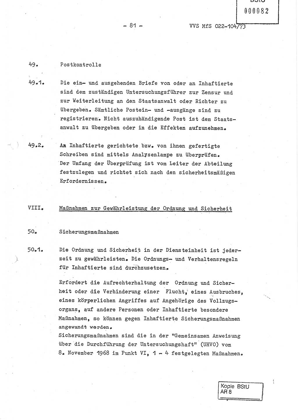 Dienstanweisung zur politisch-operativen Dienstdurchführung der Abteilung XIV des Ministeriums für Staatssicherheit (MfS) [Deutsche Demokratische Republik] und den Abteilungen ⅩⅣ der Bezirksverwaltungen (BV) für Staatssicherheit (BVfS) (DA - politisch-operative Dienstdurchführung der Abteilungen XIV), Ministerrat der Deutschen Demokratischen Republik, Ministerium für Staatssicherheit, Der Minister, Vertrauliche Verschlußsache (VVS) 022-104/73, Berlin, 12.2.1973, Blatt 81 (DA pol.-op. Di.-Durchf. Abt. ⅩⅣ MfS DDR VVS 022-104/73 1973, Bl. 81)