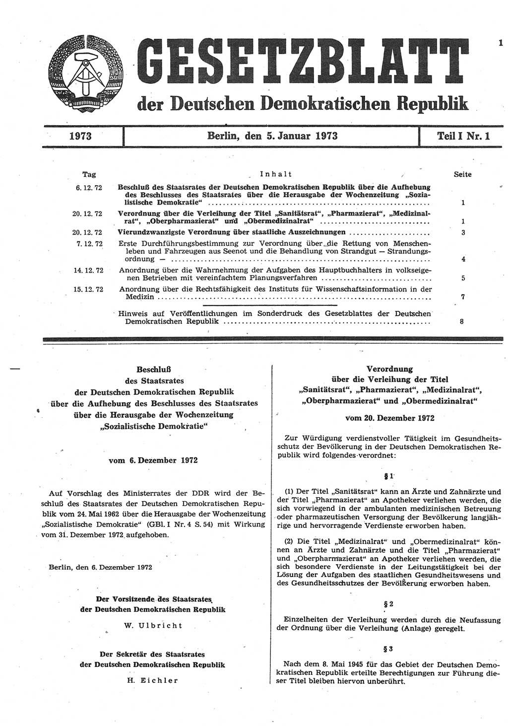 Gesetzblatt (GBl.) der Deutschen Demokratischen Republik (DDR) Teil Ⅰ 1973, Seite 1 (GBl. DDR Ⅰ 1973, S. 1)