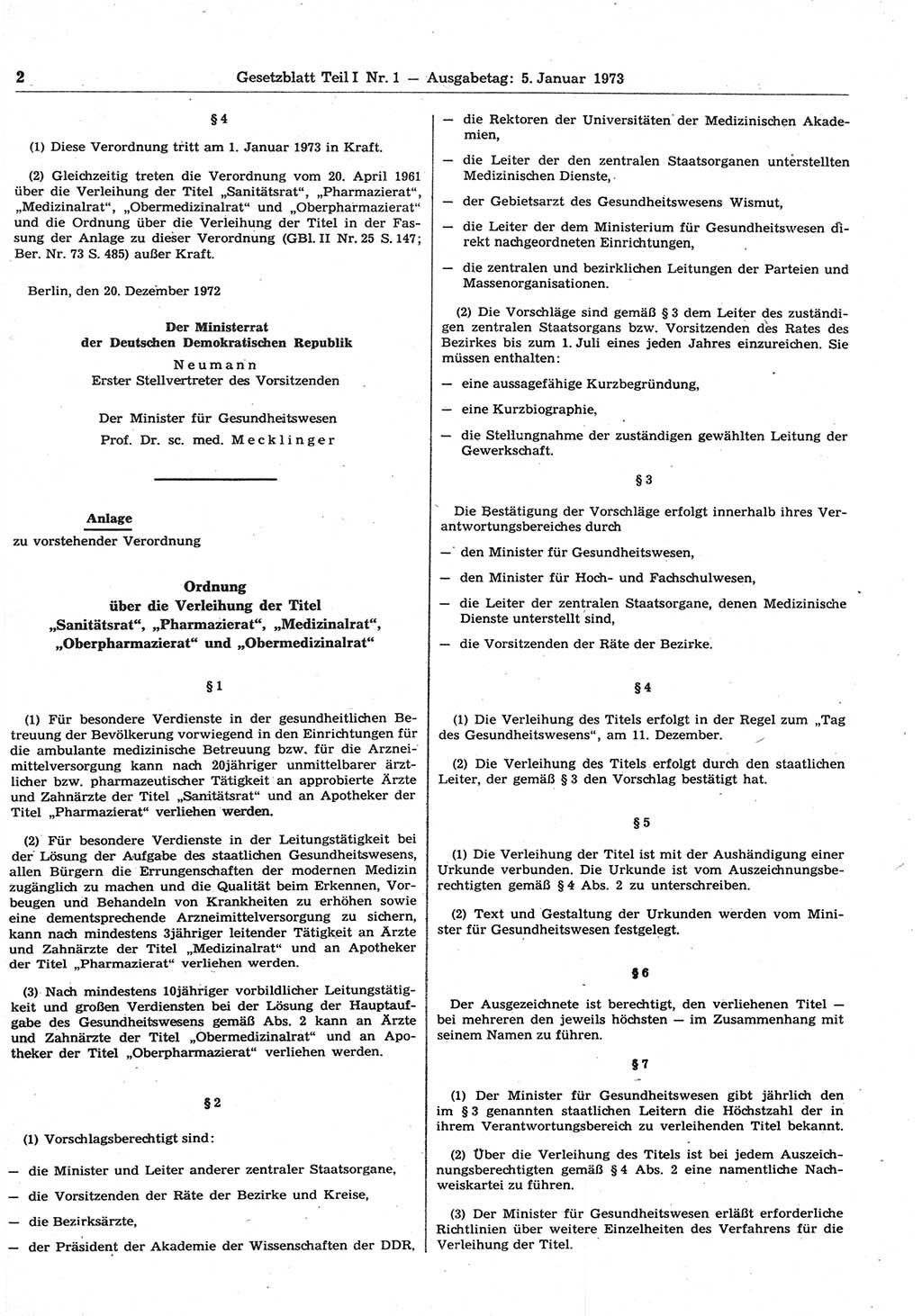 Gesetzblatt (GBl.) der Deutschen Demokratischen Republik (DDR) Teil Ⅰ 1973, Seite 2 (GBl. DDR Ⅰ 1973, S. 2)