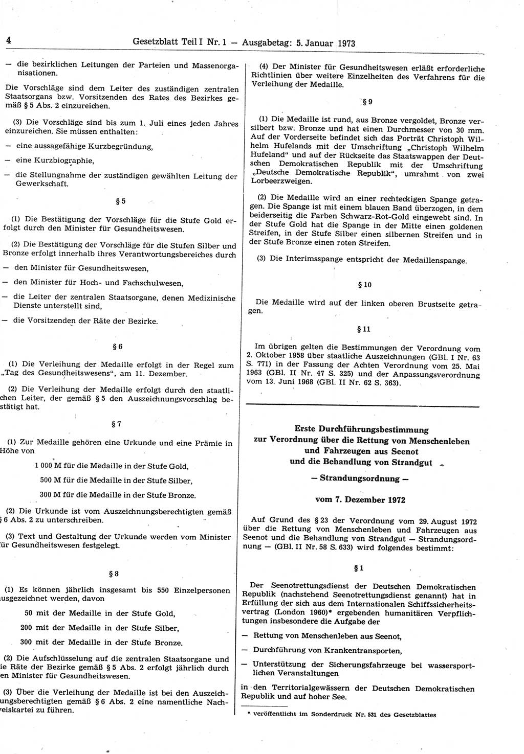 Gesetzblatt (GBl.) der Deutschen Demokratischen Republik (DDR) Teil Ⅰ 1973, Seite 4 (GBl. DDR Ⅰ 1973, S. 4)