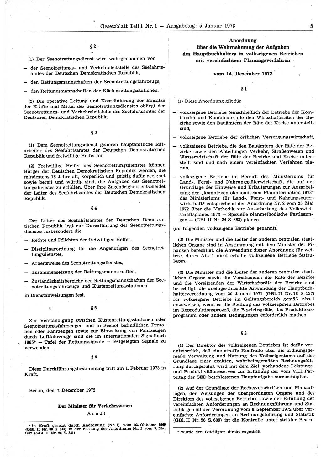 Gesetzblatt (GBl.) der Deutschen Demokratischen Republik (DDR) Teil Ⅰ 1973, Seite 5 (GBl. DDR Ⅰ 1973, S. 5)