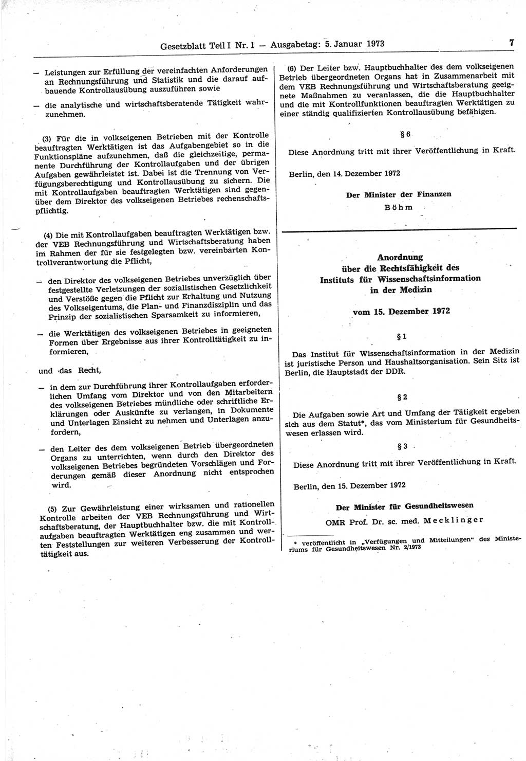 Gesetzblatt (GBl.) der Deutschen Demokratischen Republik (DDR) Teil Ⅰ 1973, Seite 7 (GBl. DDR Ⅰ 1973, S. 7)
