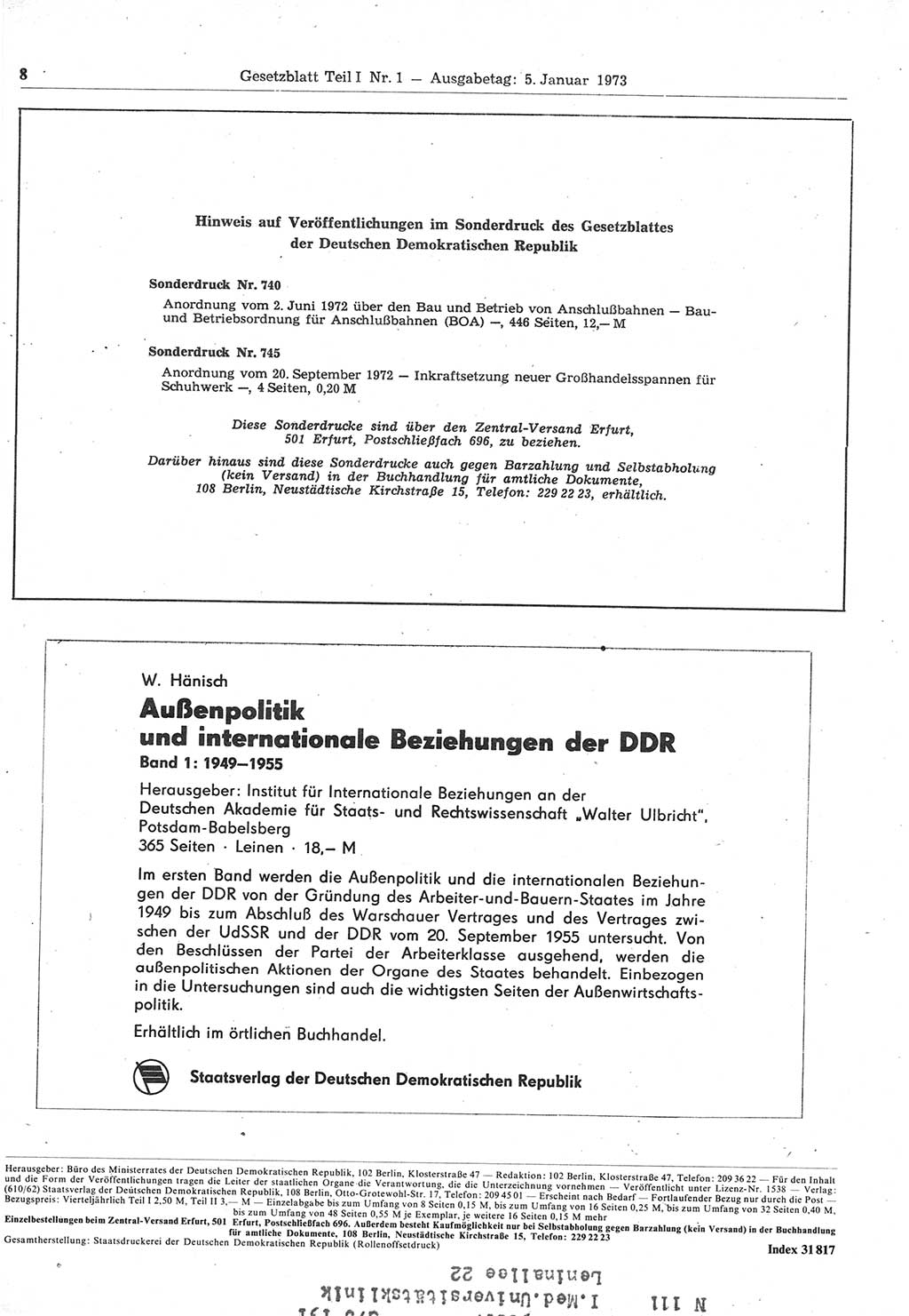 Gesetzblatt (GBl.) der Deutschen Demokratischen Republik (DDR) Teil Ⅰ 1973, Seite 8 (GBl. DDR Ⅰ 1973, S. 8)
