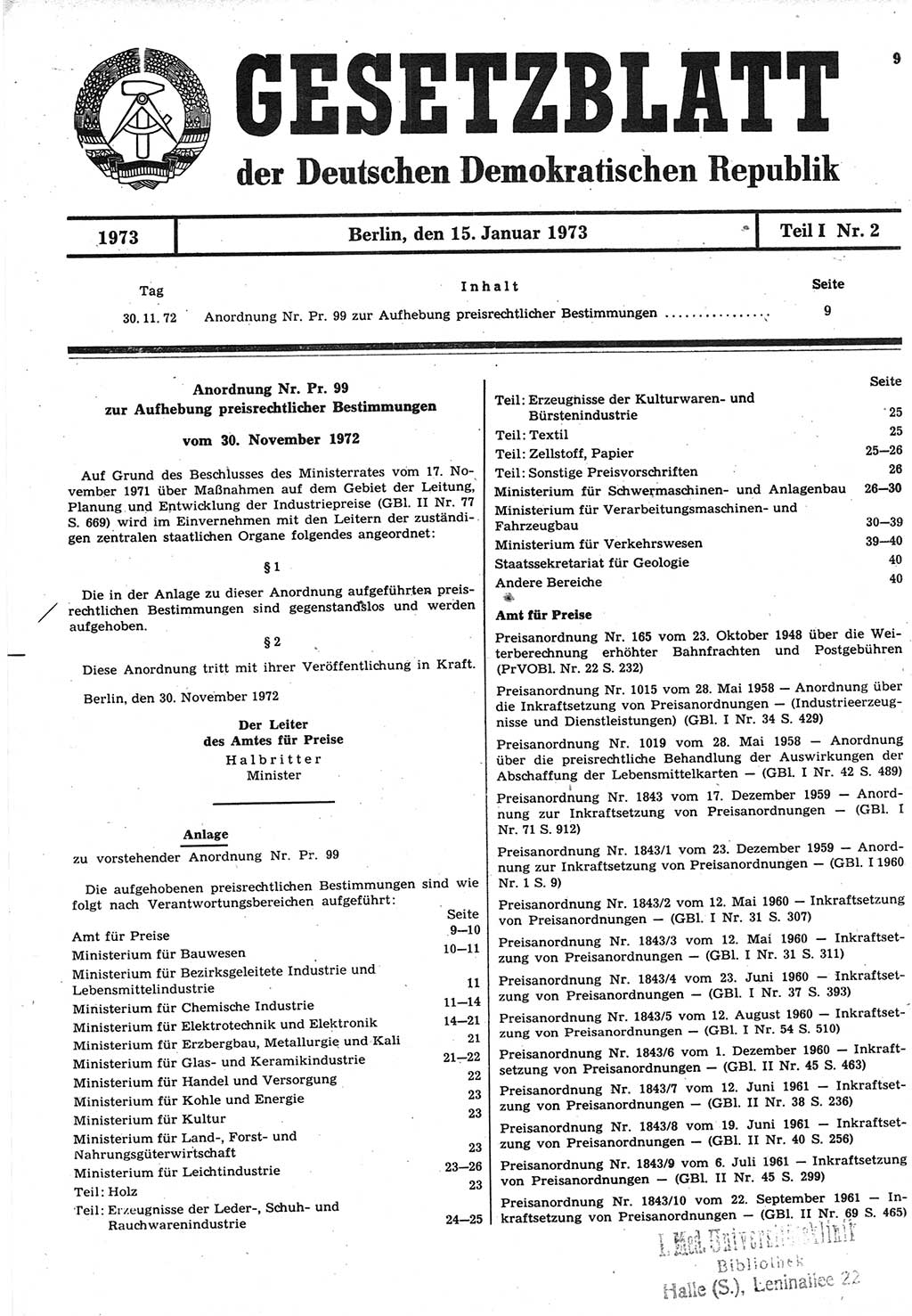 Gesetzblatt (GBl.) der Deutschen Demokratischen Republik (DDR) Teil Ⅰ 1973, Seite 9 (GBl. DDR Ⅰ 1973, S. 9)