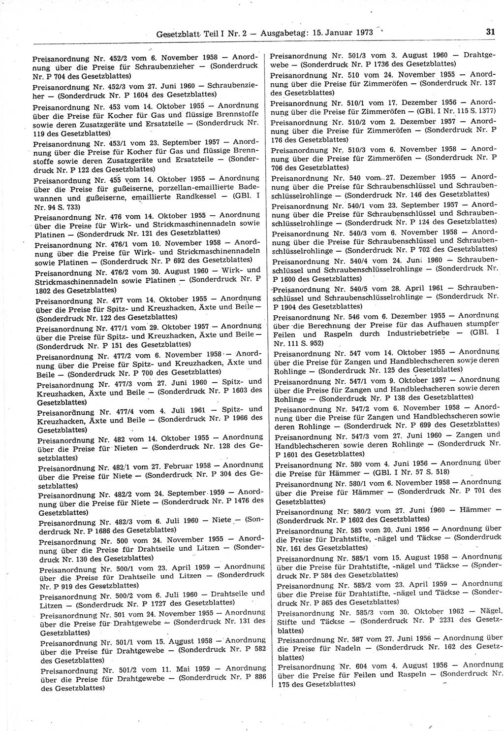 Gesetzblatt (GBl.) der Deutschen Demokratischen Republik (DDR) Teil Ⅰ 1973, Seite 31 (GBl. DDR Ⅰ 1973, S. 31)
