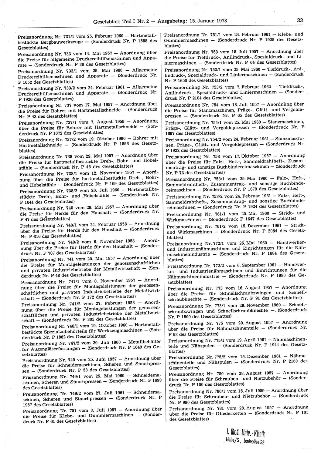 Gesetzblatt (GBl.) der Deutschen Demokratischen Republik (DDR) Teil Ⅰ 1973, Seite 33 (GBl. DDR Ⅰ 1973, S. 33)