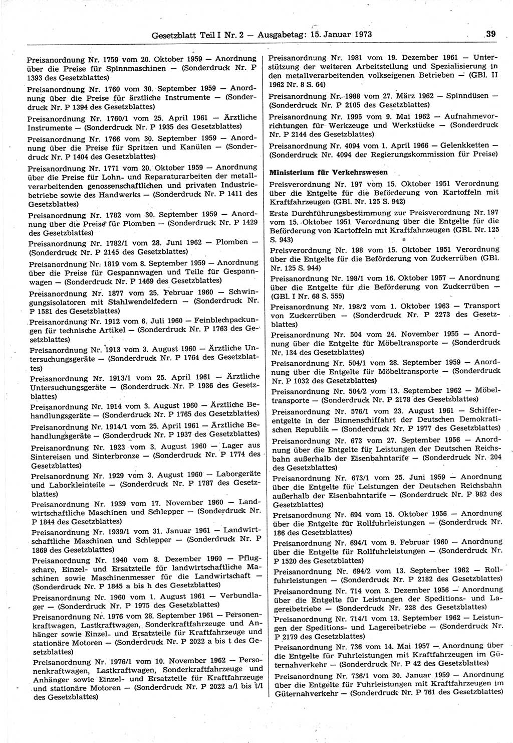 Gesetzblatt (GBl.) der Deutschen Demokratischen Republik (DDR) Teil Ⅰ 1973, Seite 39 (GBl. DDR Ⅰ 1973, S. 39)
