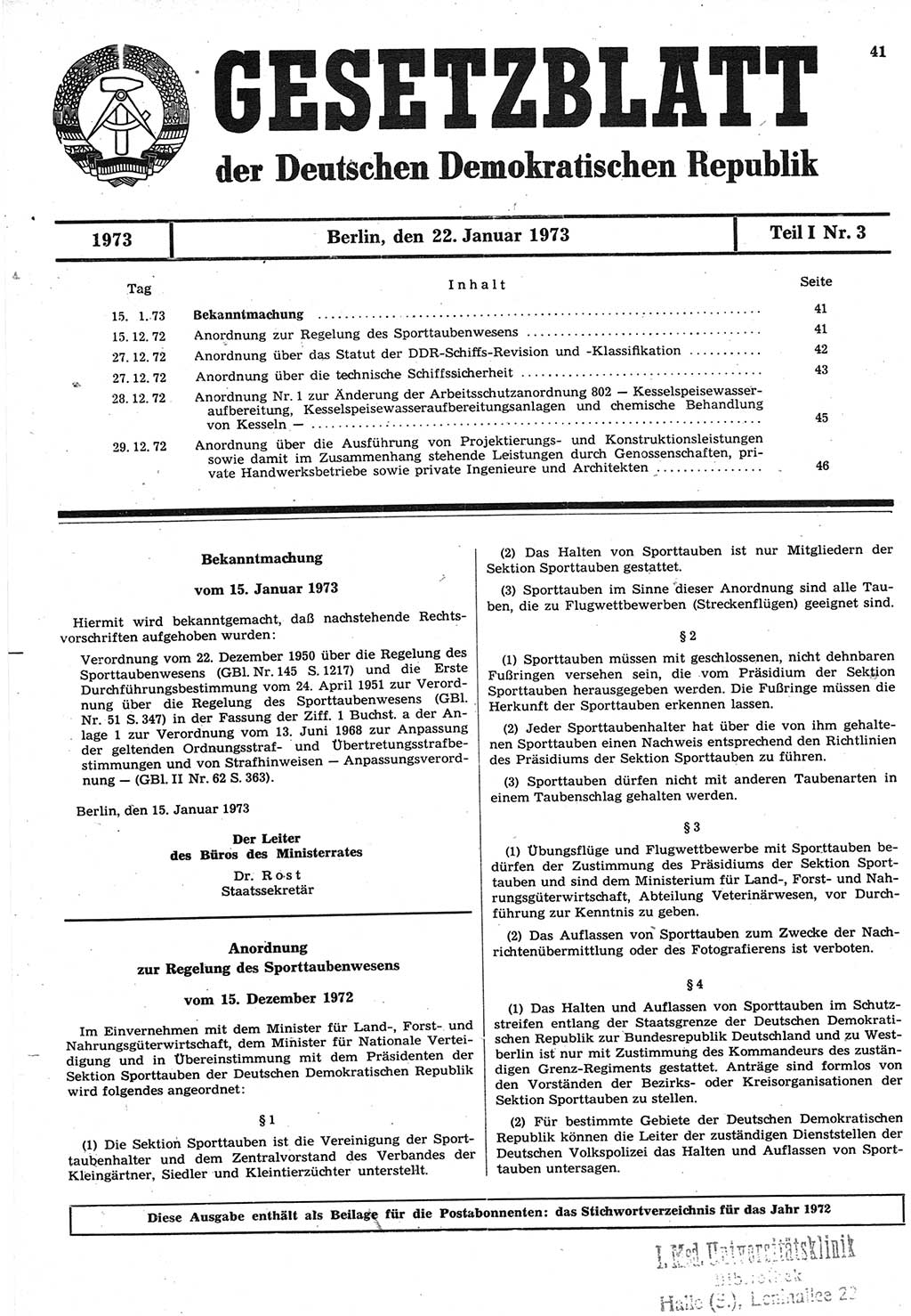 Gesetzblatt (GBl.) der Deutschen Demokratischen Republik (DDR) Teil Ⅰ 1973, Seite 41 (GBl. DDR Ⅰ 1973, S. 41)