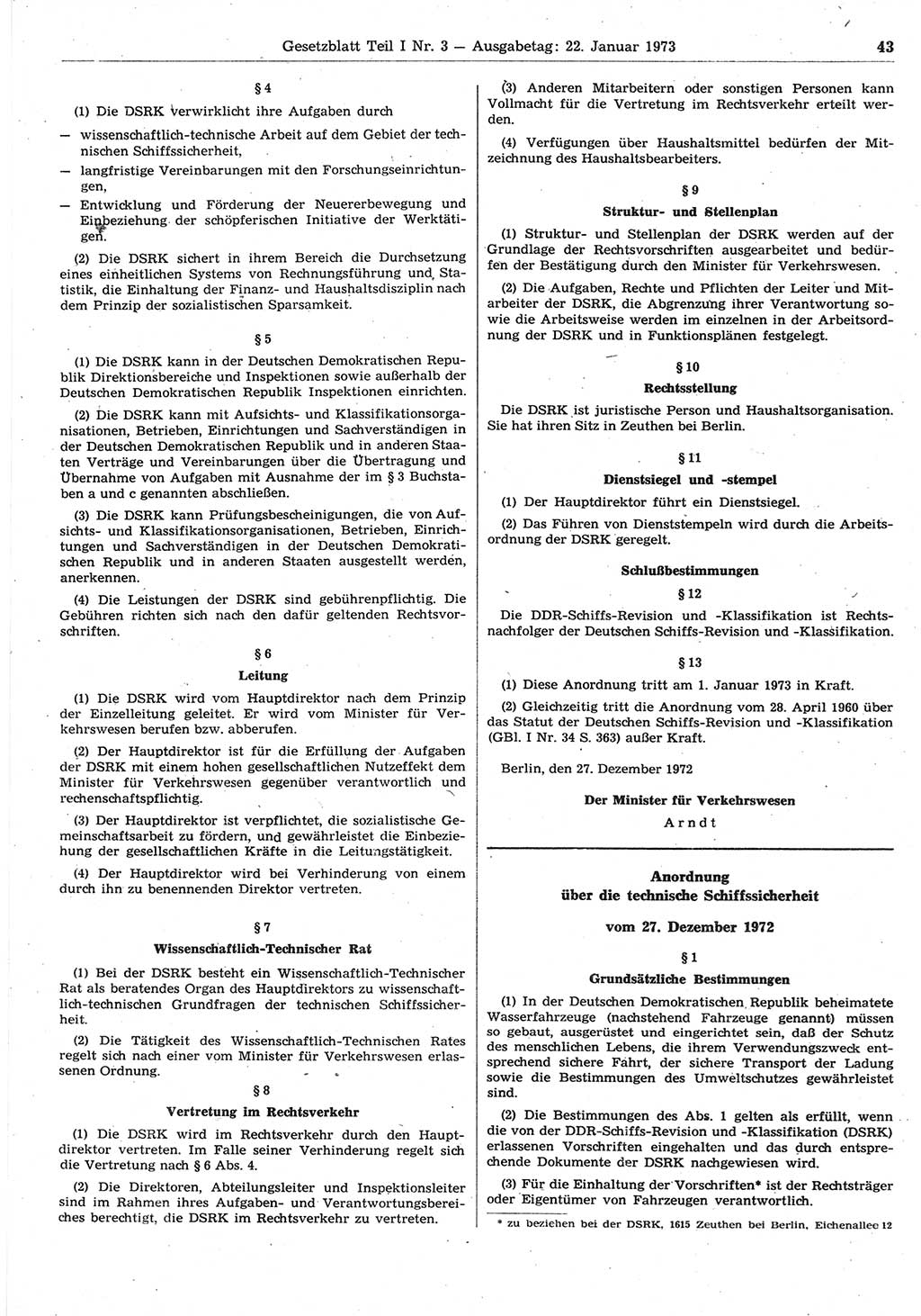 Gesetzblatt (GBl.) der Deutschen Demokratischen Republik (DDR) Teil Ⅰ 1973, Seite 43 (GBl. DDR Ⅰ 1973, S. 43)