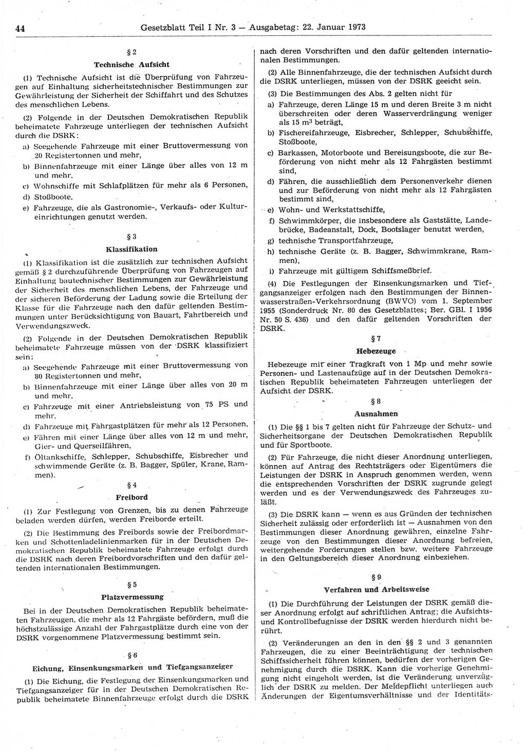 Gesetzblatt (GBl.) der Deutschen Demokratischen Republik (DDR) Teil Ⅰ 1973, Seite 44 (GBl. DDR Ⅰ 1973, S. 44)