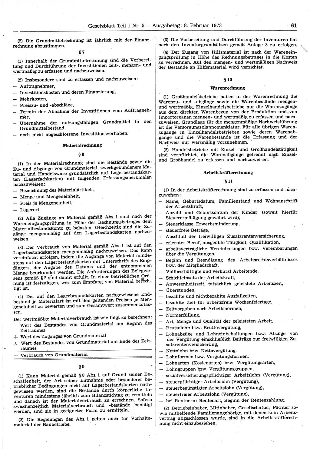 Gesetzblatt (GBl.) der Deutschen Demokratischen Republik (DDR) Teil Ⅰ 1973, Seite 61 (GBl. DDR Ⅰ 1973, S. 61)