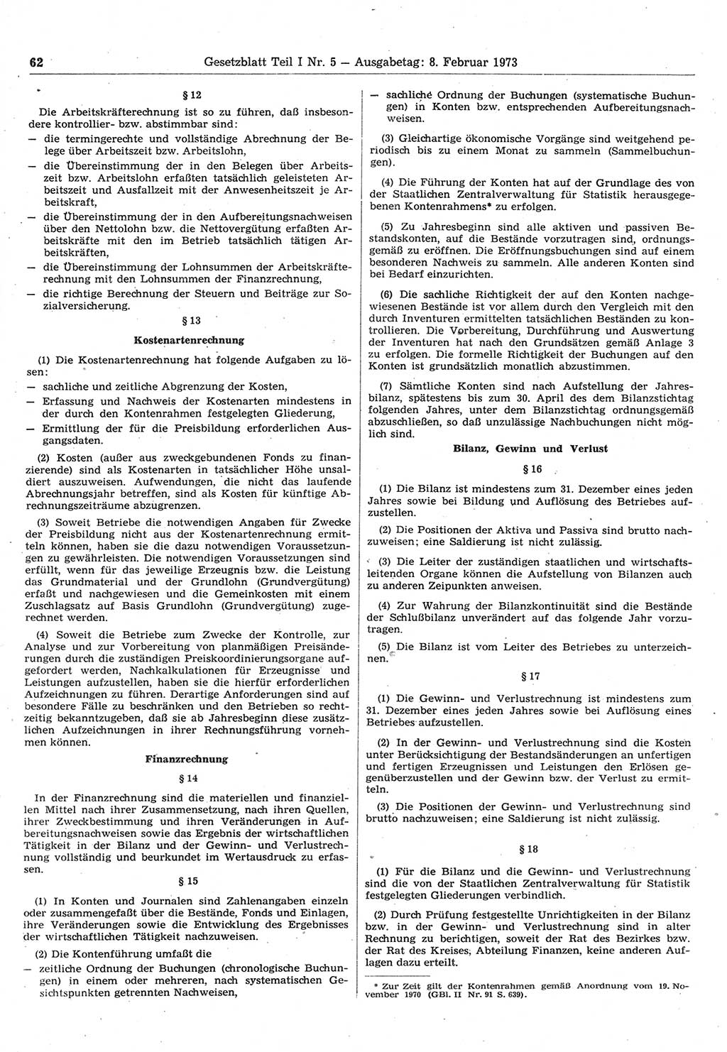 Gesetzblatt (GBl.) der Deutschen Demokratischen Republik (DDR) Teil Ⅰ 1973, Seite 62 (GBl. DDR Ⅰ 1973, S. 62)
