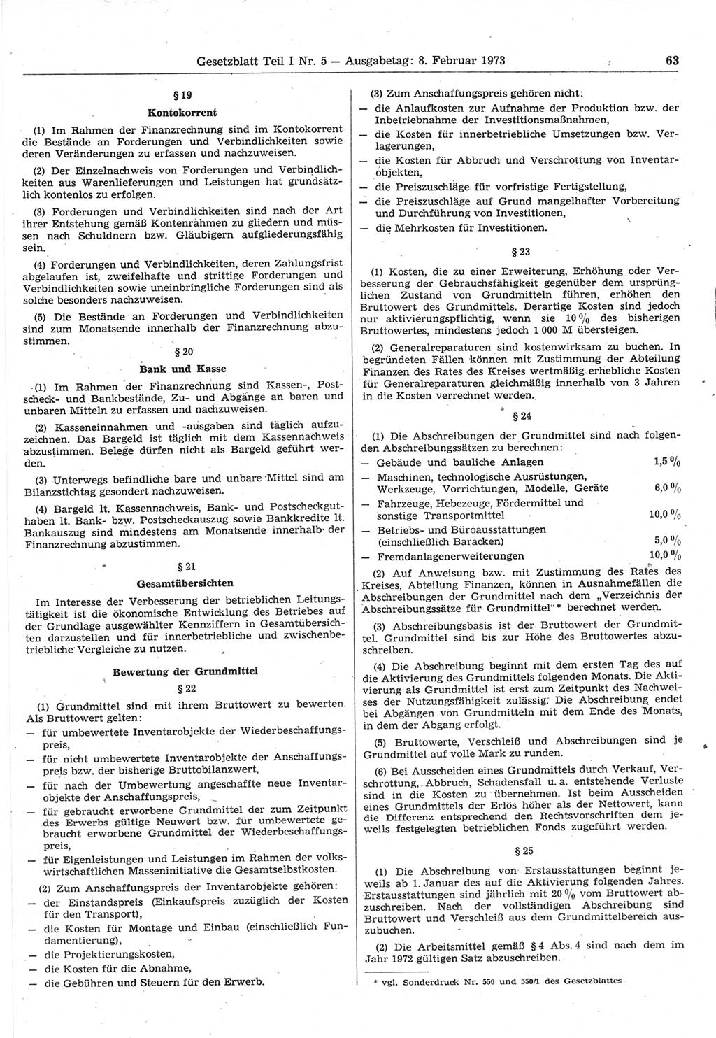 Gesetzblatt (GBl.) der Deutschen Demokratischen Republik (DDR) Teil Ⅰ 1973, Seite 63 (GBl. DDR Ⅰ 1973, S. 63)