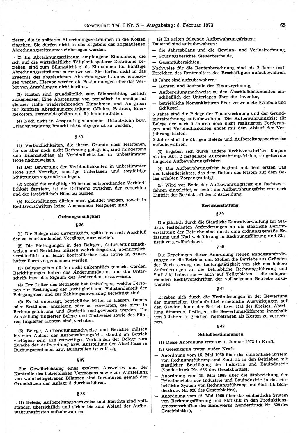 Gesetzblatt (GBl.) der Deutschen Demokratischen Republik (DDR) Teil Ⅰ 1973, Seite 65 (GBl. DDR Ⅰ 1973, S. 65)