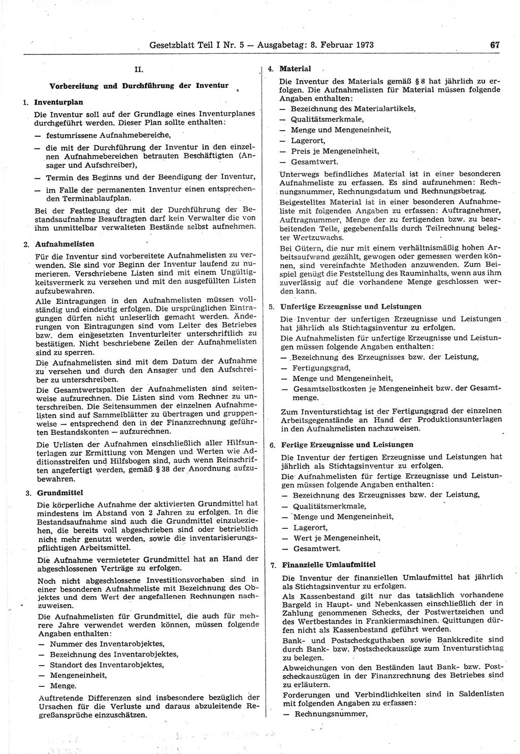 Gesetzblatt (GBl.) der Deutschen Demokratischen Republik (DDR) Teil Ⅰ 1973, Seite 67 (GBl. DDR Ⅰ 1973, S. 67)