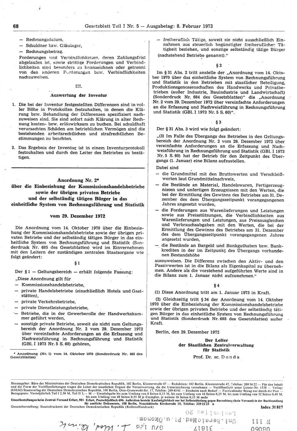 Gesetzblatt (GBl.) der Deutschen Demokratischen Republik (DDR) Teil Ⅰ 1973, Seite 68 (GBl. DDR Ⅰ 1973, S. 68)