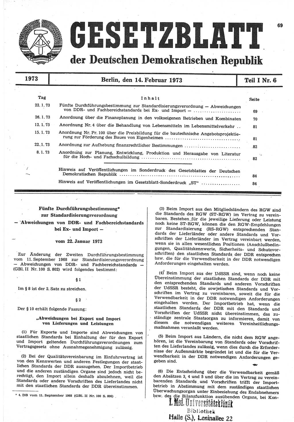 Gesetzblatt (GBl.) der Deutschen Demokratischen Republik (DDR) Teil Ⅰ 1973, Seite 69 (GBl. DDR Ⅰ 1973, S. 69)