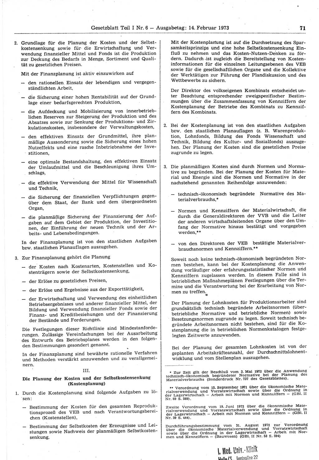 Gesetzblatt (GBl.) der Deutschen Demokratischen Republik (DDR) Teil Ⅰ 1973, Seite 71 (GBl. DDR Ⅰ 1973, S. 71)