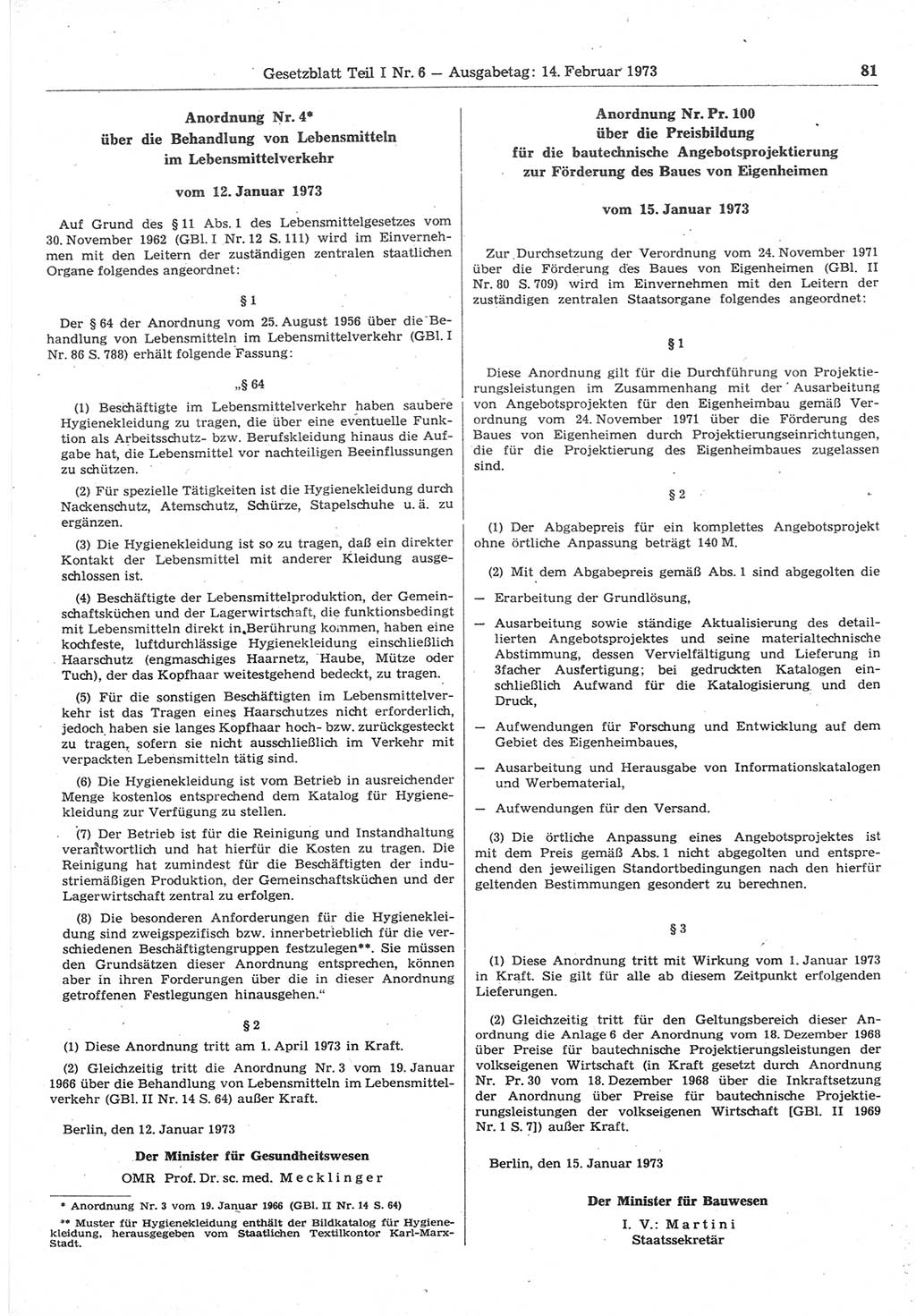 Gesetzblatt (GBl.) der Deutschen Demokratischen Republik (DDR) Teil Ⅰ 1973, Seite 81 (GBl. DDR Ⅰ 1973, S. 81)