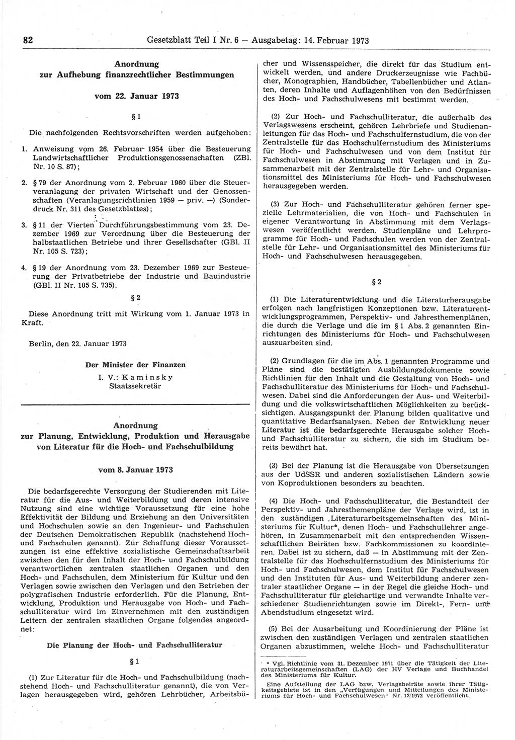 Gesetzblatt (GBl.) der Deutschen Demokratischen Republik (DDR) Teil Ⅰ 1973, Seite 82 (GBl. DDR Ⅰ 1973, S. 82)