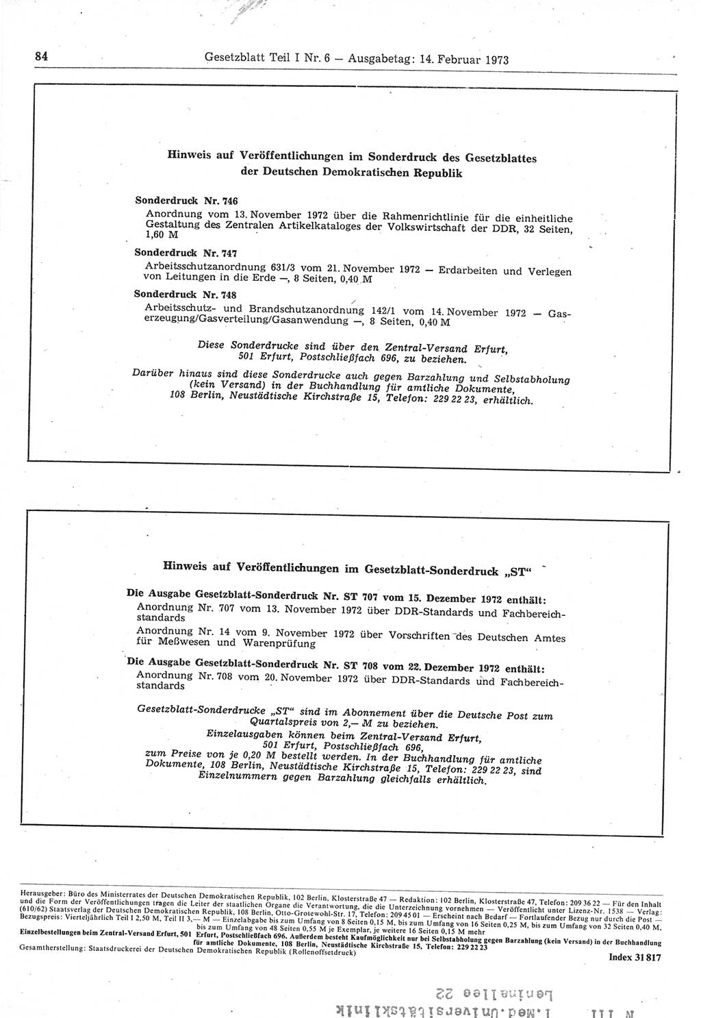 Gesetzblatt (GBl.) der Deutschen Demokratischen Republik (DDR) Teil Ⅰ 1973, Seite 84 (GBl. DDR Ⅰ 1973, S. 84)