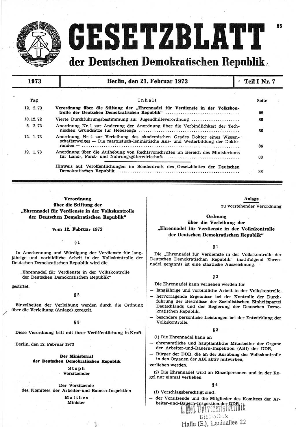 Gesetzblatt (GBl.) der Deutschen Demokratischen Republik (DDR) Teil Ⅰ 1973, Seite 85 (GBl. DDR Ⅰ 1973, S. 85)