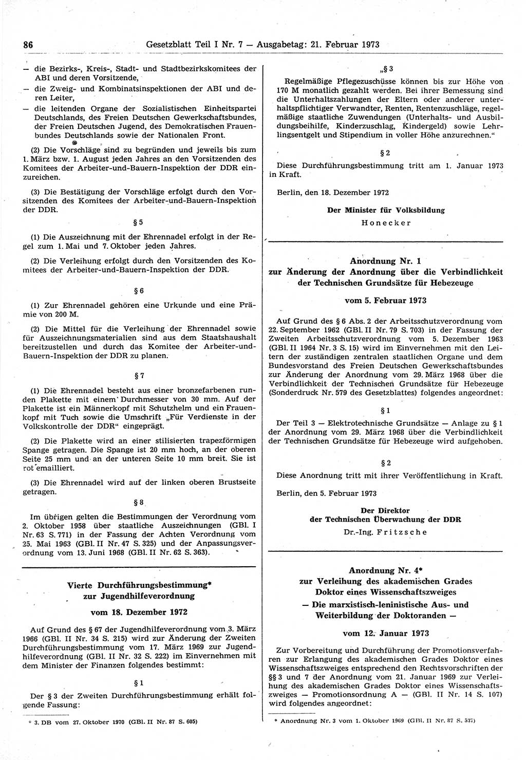 Gesetzblatt (GBl.) der Deutschen Demokratischen Republik (DDR) Teil Ⅰ 1973, Seite 86 (GBl. DDR Ⅰ 1973, S. 86)
