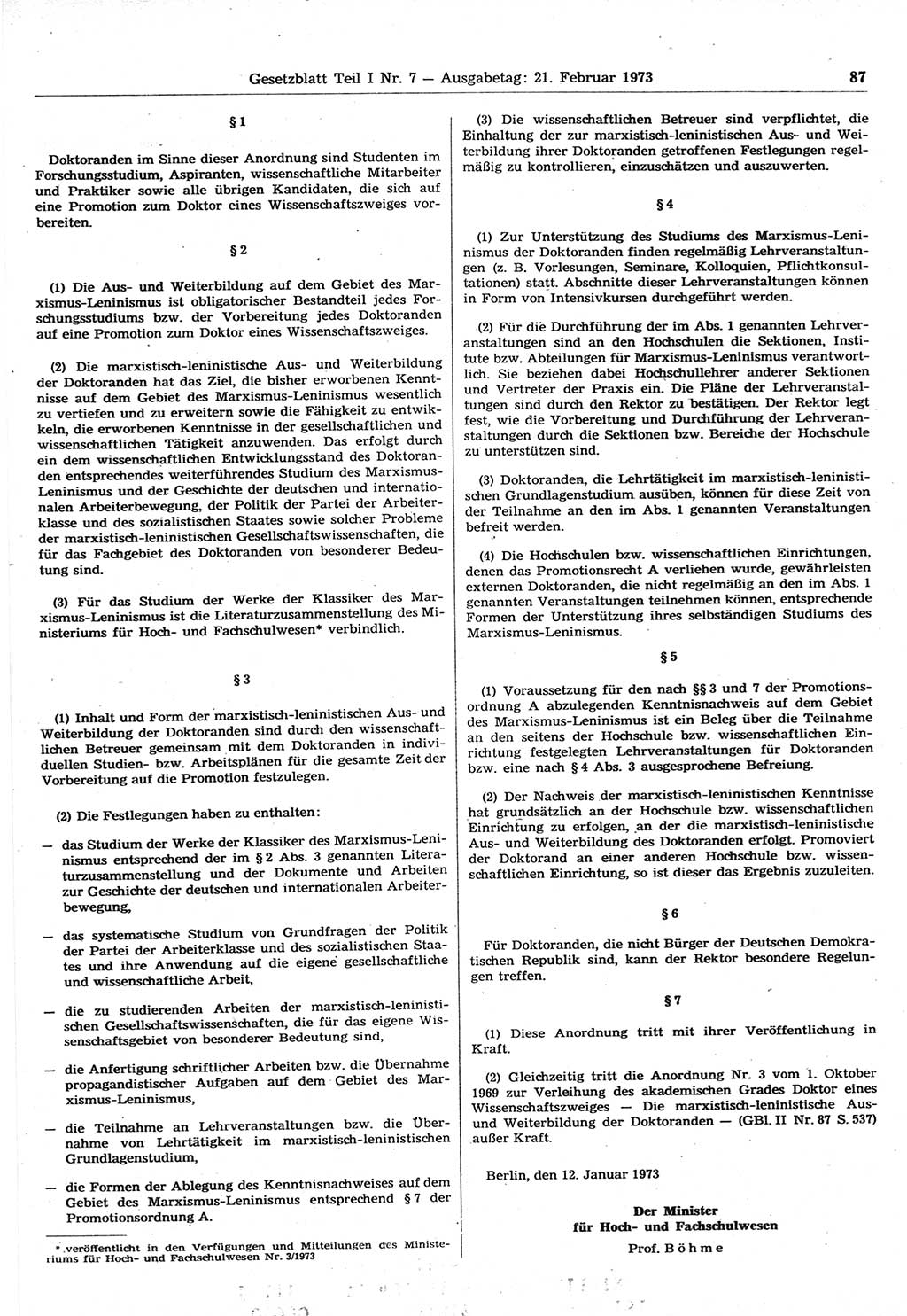 Gesetzblatt (GBl.) der Deutschen Demokratischen Republik (DDR) Teil Ⅰ 1973, Seite 87 (GBl. DDR Ⅰ 1973, S. 87)