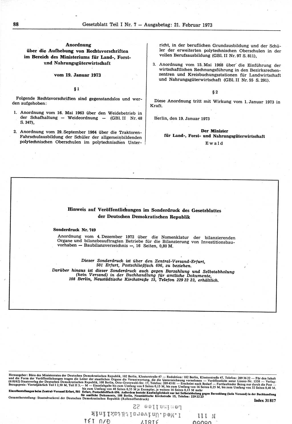Gesetzblatt (GBl.) der Deutschen Demokratischen Republik (DDR) Teil Ⅰ 1973, Seite 88 (GBl. DDR Ⅰ 1973, S. 88)