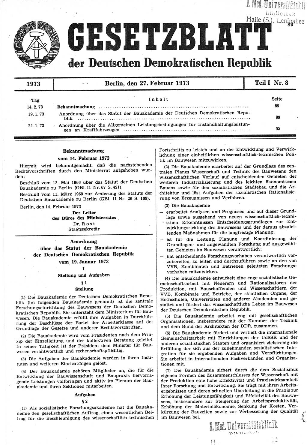 Gesetzblatt (GBl.) der Deutschen Demokratischen Republik (DDR) Teil Ⅰ 1973, Seite 89 (GBl. DDR Ⅰ 1973, S. 89)