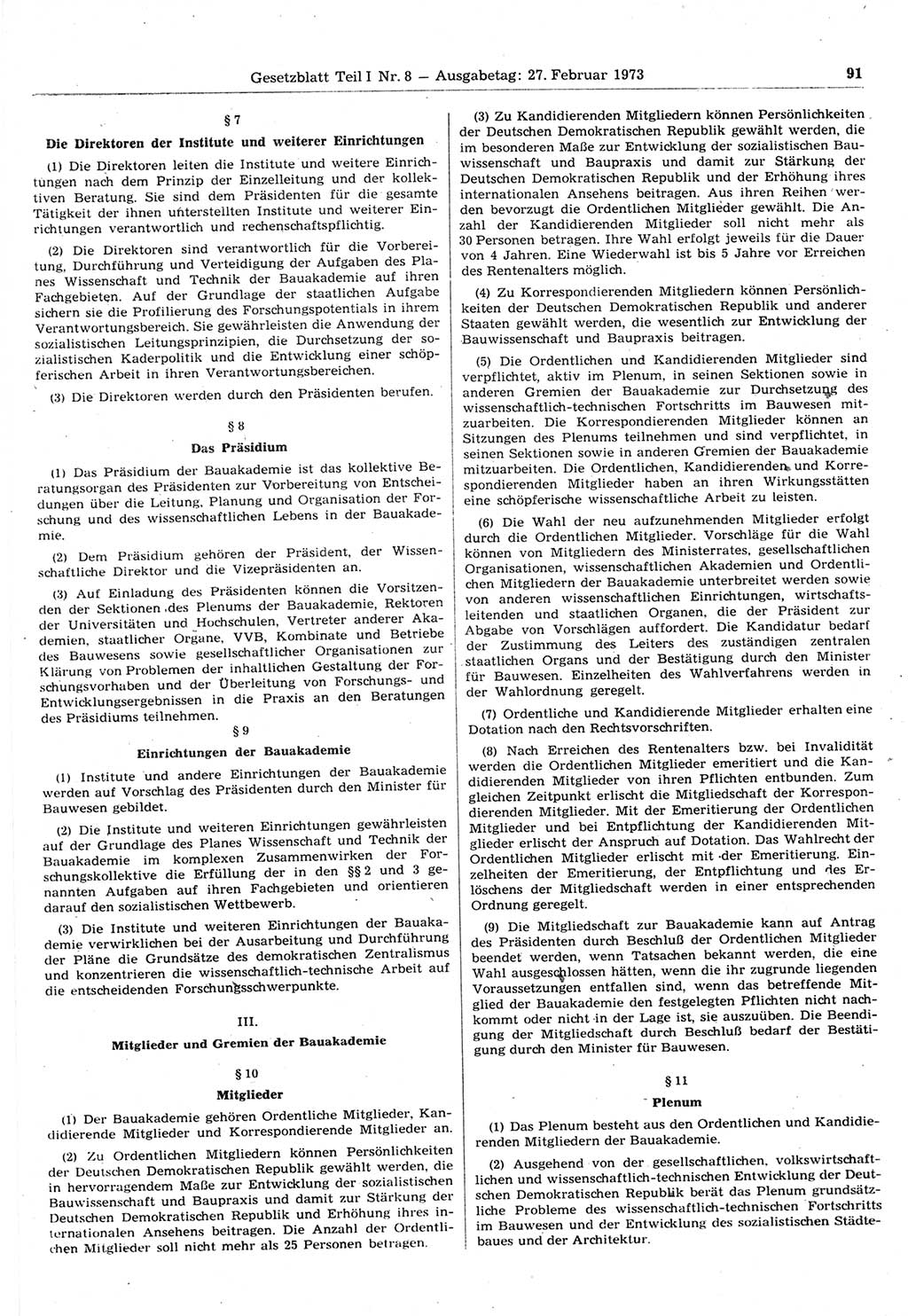 Gesetzblatt (GBl.) der Deutschen Demokratischen Republik (DDR) Teil Ⅰ 1973, Seite 91 (GBl. DDR Ⅰ 1973, S. 91)