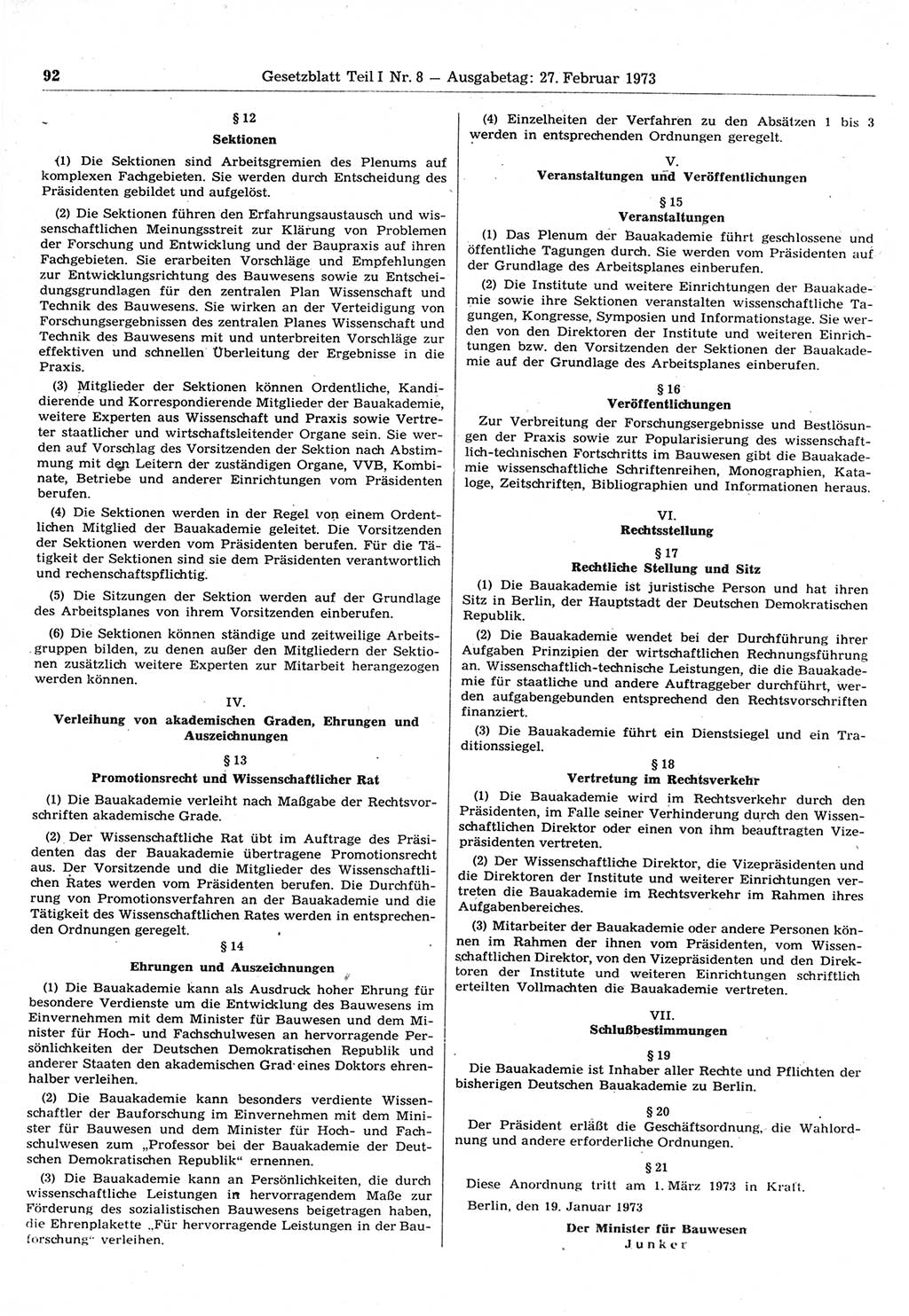 Gesetzblatt (GBl.) der Deutschen Demokratischen Republik (DDR) Teil Ⅰ 1973, Seite 92 (GBl. DDR Ⅰ 1973, S. 92)