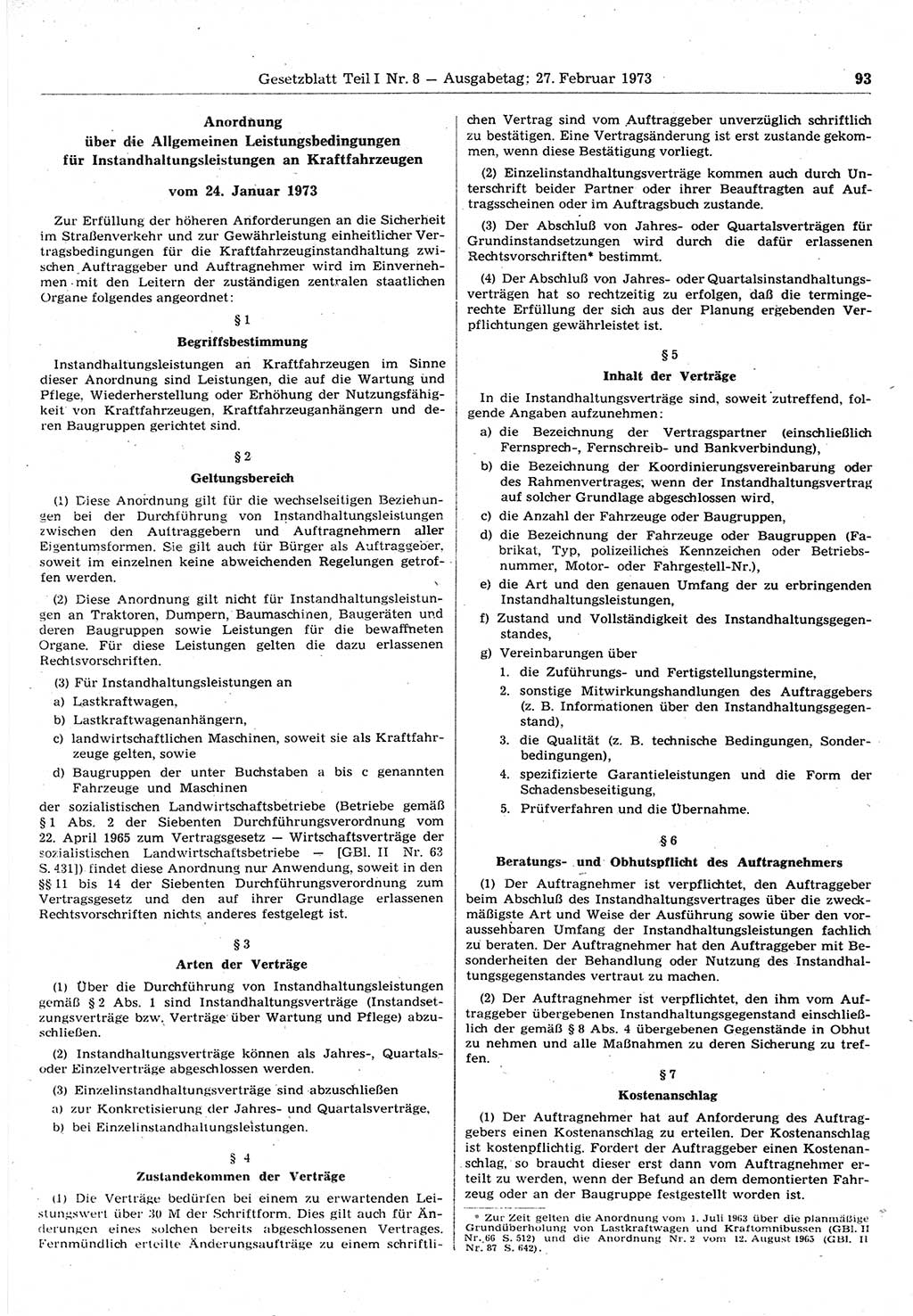 Gesetzblatt (GBl.) der Deutschen Demokratischen Republik (DDR) Teil Ⅰ 1973, Seite 93 (GBl. DDR Ⅰ 1973, S. 93)
