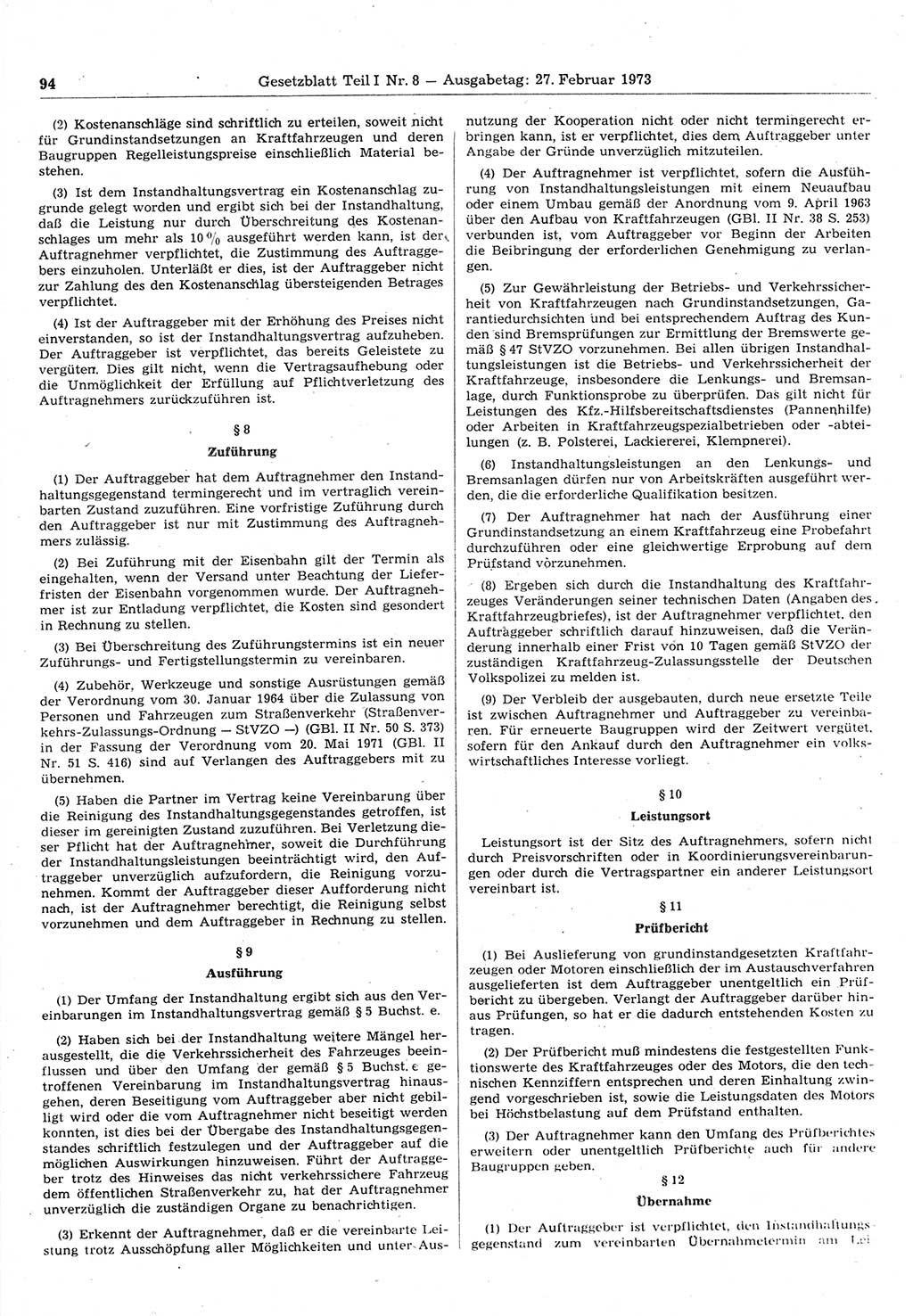 Gesetzblatt (GBl.) der Deutschen Demokratischen Republik (DDR) Teil Ⅰ 1973, Seite 94 (GBl. DDR Ⅰ 1973, S. 94)