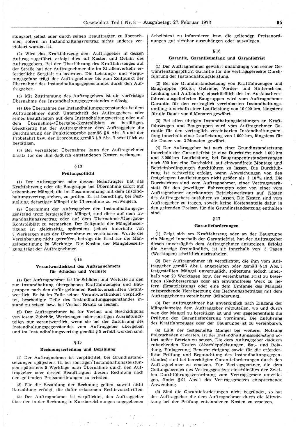 Gesetzblatt (GBl.) der Deutschen Demokratischen Republik (DDR) Teil Ⅰ 1973, Seite 95 (GBl. DDR Ⅰ 1973, S. 95)