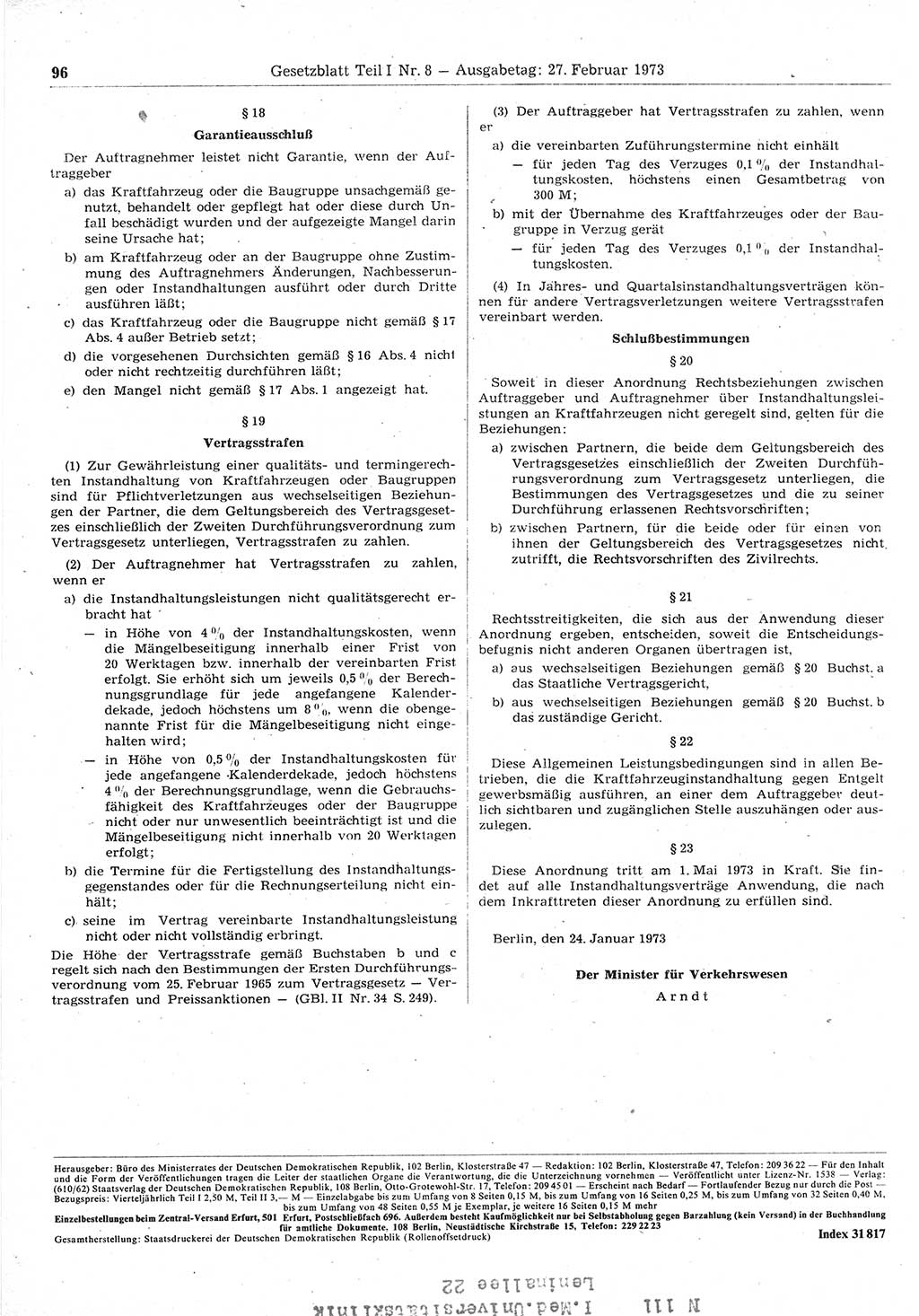 Gesetzblatt (GBl.) der Deutschen Demokratischen Republik (DDR) Teil Ⅰ 1973, Seite 96 (GBl. DDR Ⅰ 1973, S. 96)