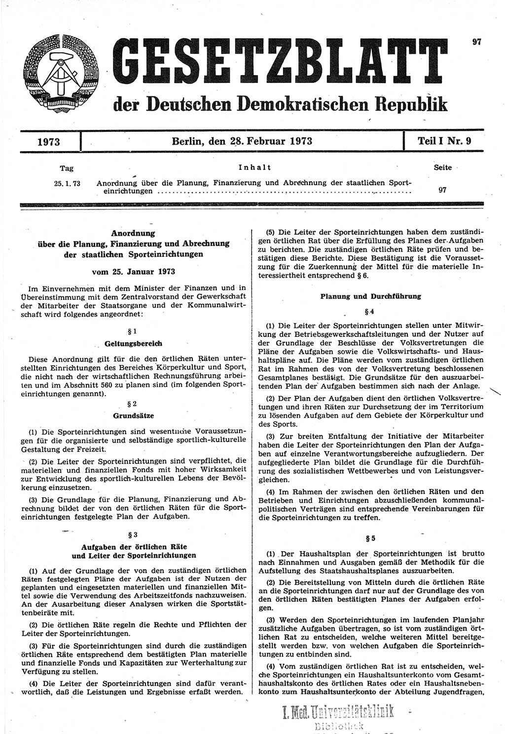 Gesetzblatt (GBl.) der Deutschen Demokratischen Republik (DDR) Teil Ⅰ 1973, Seite 97 (GBl. DDR Ⅰ 1973, S. 97)